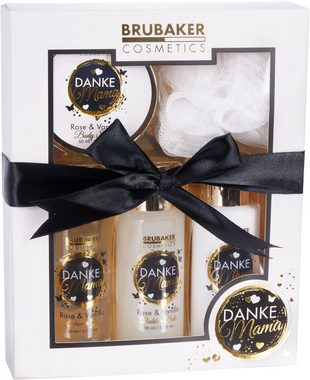 BRUBAKER Pflege-Geschenkset Danke Mama - Dusch- und Badeset mit Rosen Vanille Duft, 5-tlg., Mutter Geschenkset mit Peeling Schwamm - Pflegeset Weiß Gold