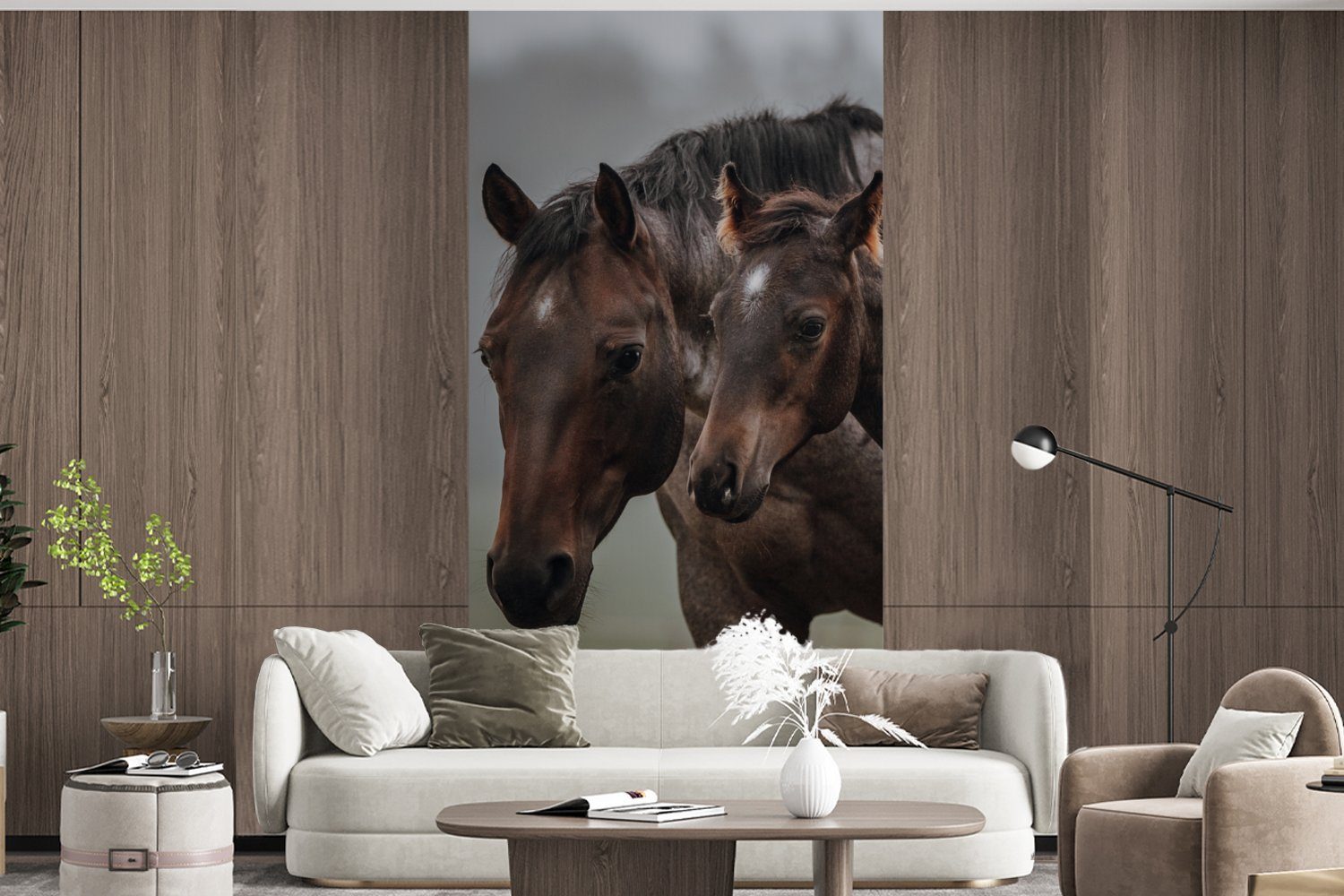 Schlafzimmer - Fototapete Pferde bedruckt, Vliestapete MuchoWow Küche, Fototapete Nebel Matt, (2 Landschaft, Wohnzimmer - St), für