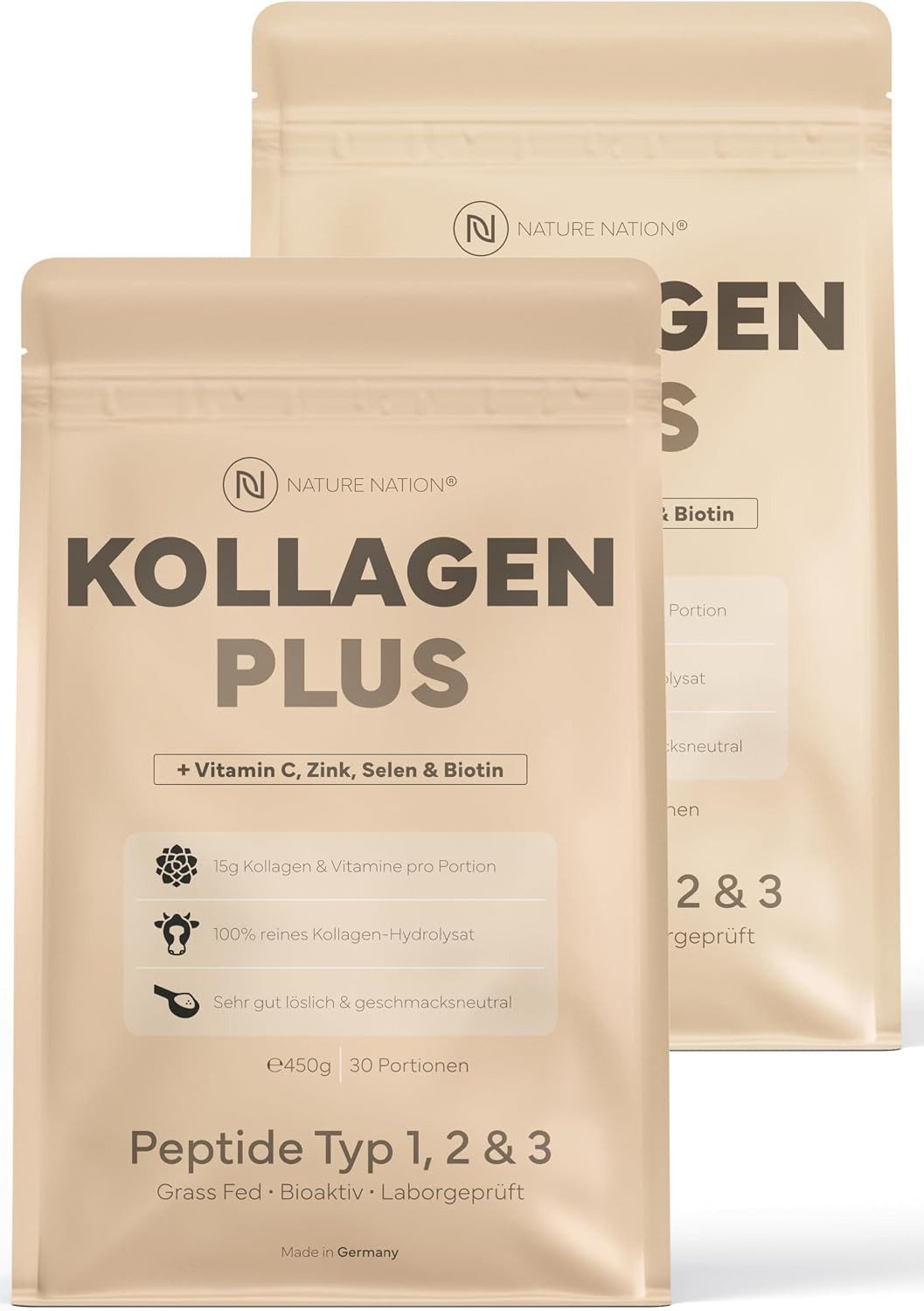 NATURE NATION Kollagen Pulver pur: 100% Collagen Hydrolysat, Peptide Typ 1, 2 & 3 Pulver, 1 er 900 g, Mit Peptide Typ 1, 2, 3