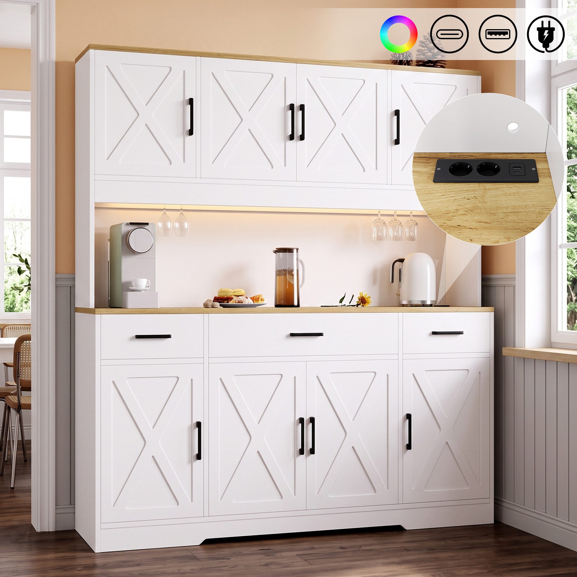 Flieks Küchenbuffet Hochschrank mit Arbeitsplatte Natur, Steckdose, Gläserhalter, LED (B150xT40xH180 cm, 1-St., Multifunktionsschrank mit Lichtstreifen, Ladenfunktion) Mehrzweckschrank Küchenschrank mit verstellbarer Ablagen Weiß