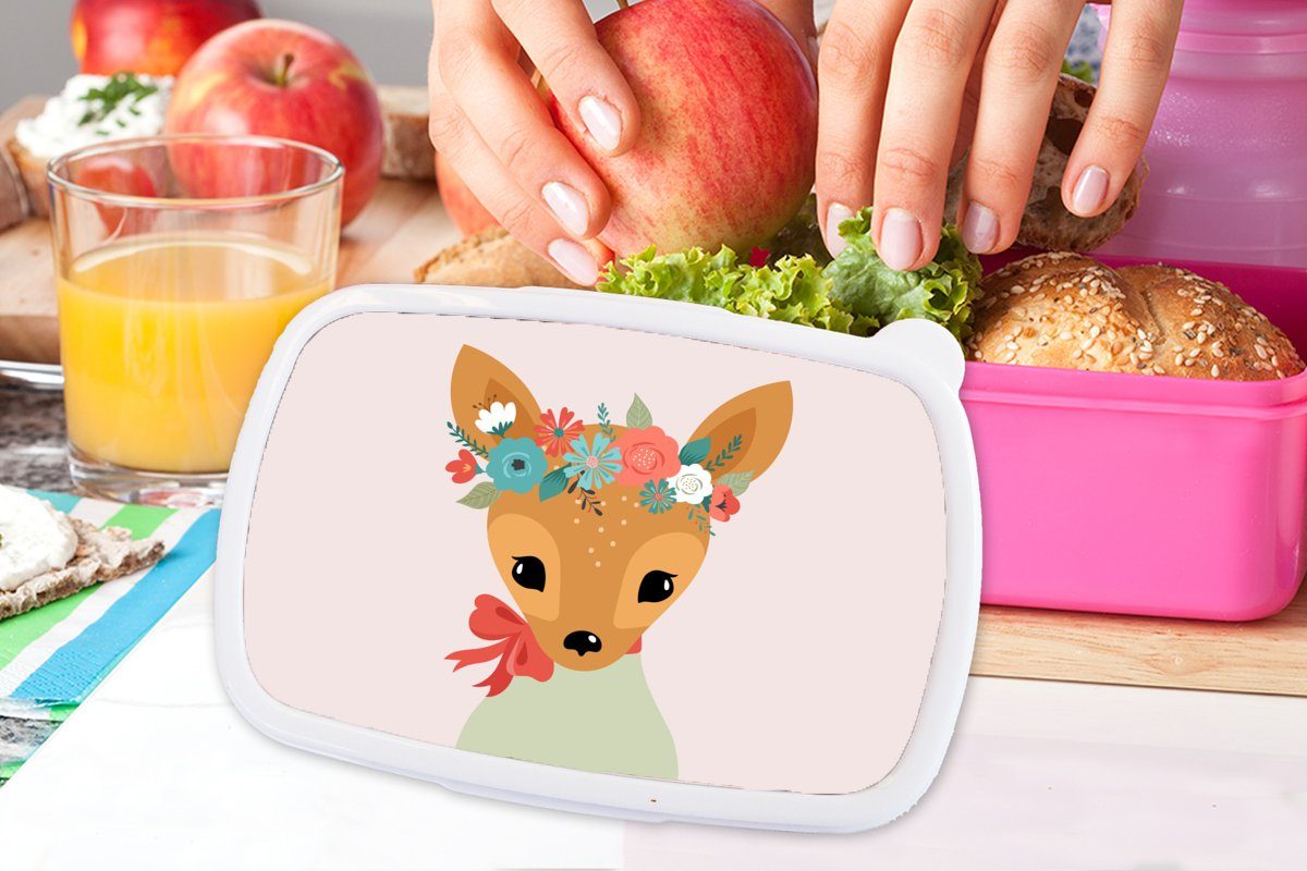 MuchoWow Lunchbox Erwachsene, für Kinder, rosa Kunststoff Mädchen, - (2-tlg), Brotbox - Brotdose Pastell Kunststoff, Blumen, Hirsche Snackbox