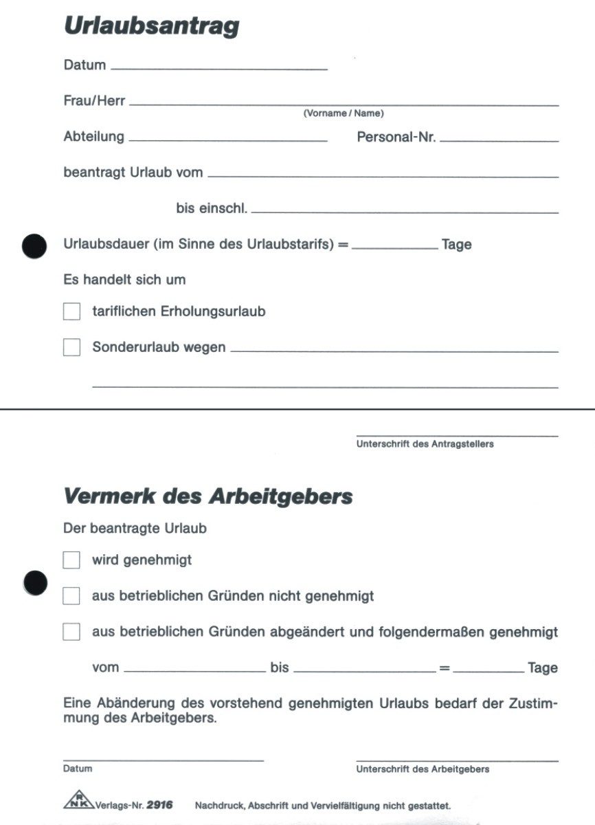 Formularblock Urlaubsantragblock A5 2x40 Blatt selbstdurchschreibend.
