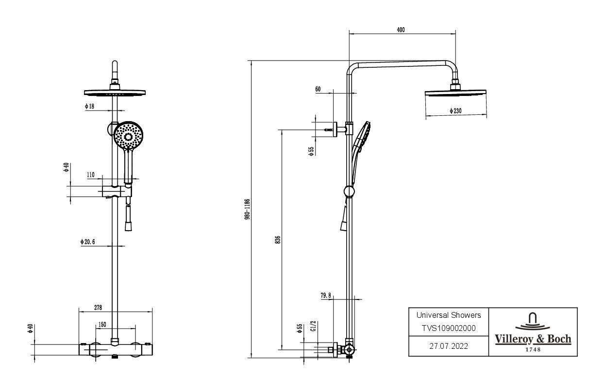 Villeroy cm, Strahlart(en), Mit 3 - Umsteller Showers, Universal Chrom Duschsystem Höhe 109.6 Boch &