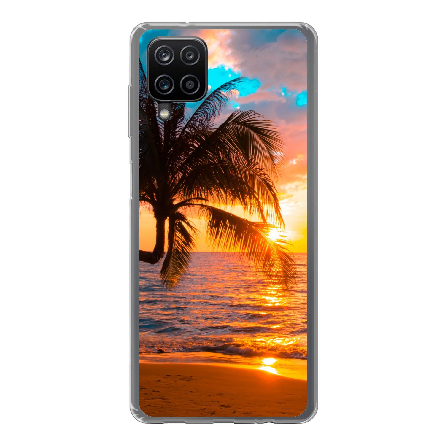MuchoWow Handyhülle für Samsung Galaxy A12 Palme - Sonnenuntergang - Horizont - Strand - M, Smartphone-Bumper, Print, Handy Schutzhülle Dünn