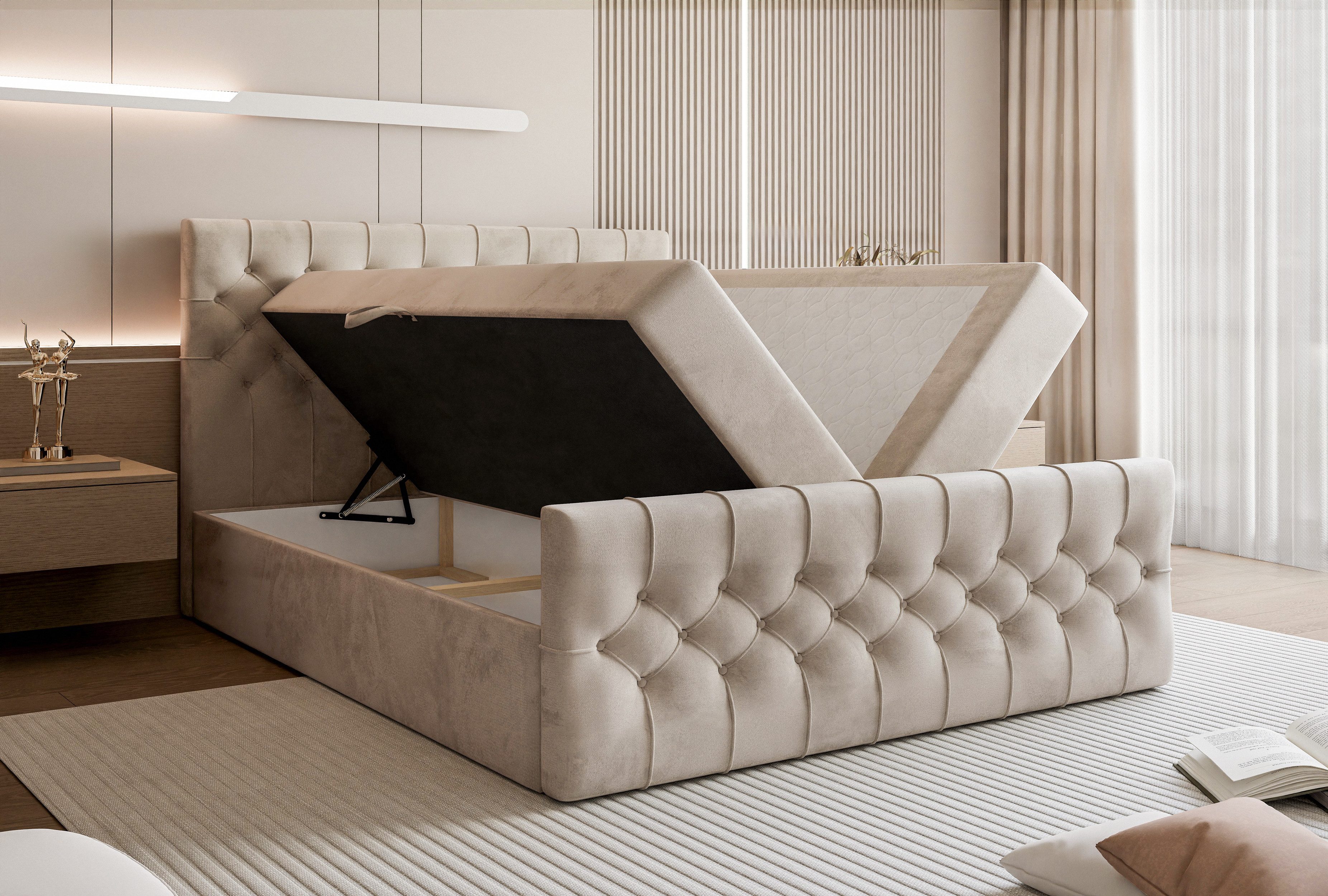 Goldstoff Boxspringbett TAURIEL mit Federkernmatratze & Topper, zwei Bettkästen (von 120 bis 200x200 cm), modernes Doppelbett aus Velvet Stoff mit edlem Kopftei – Bild 5 von 5