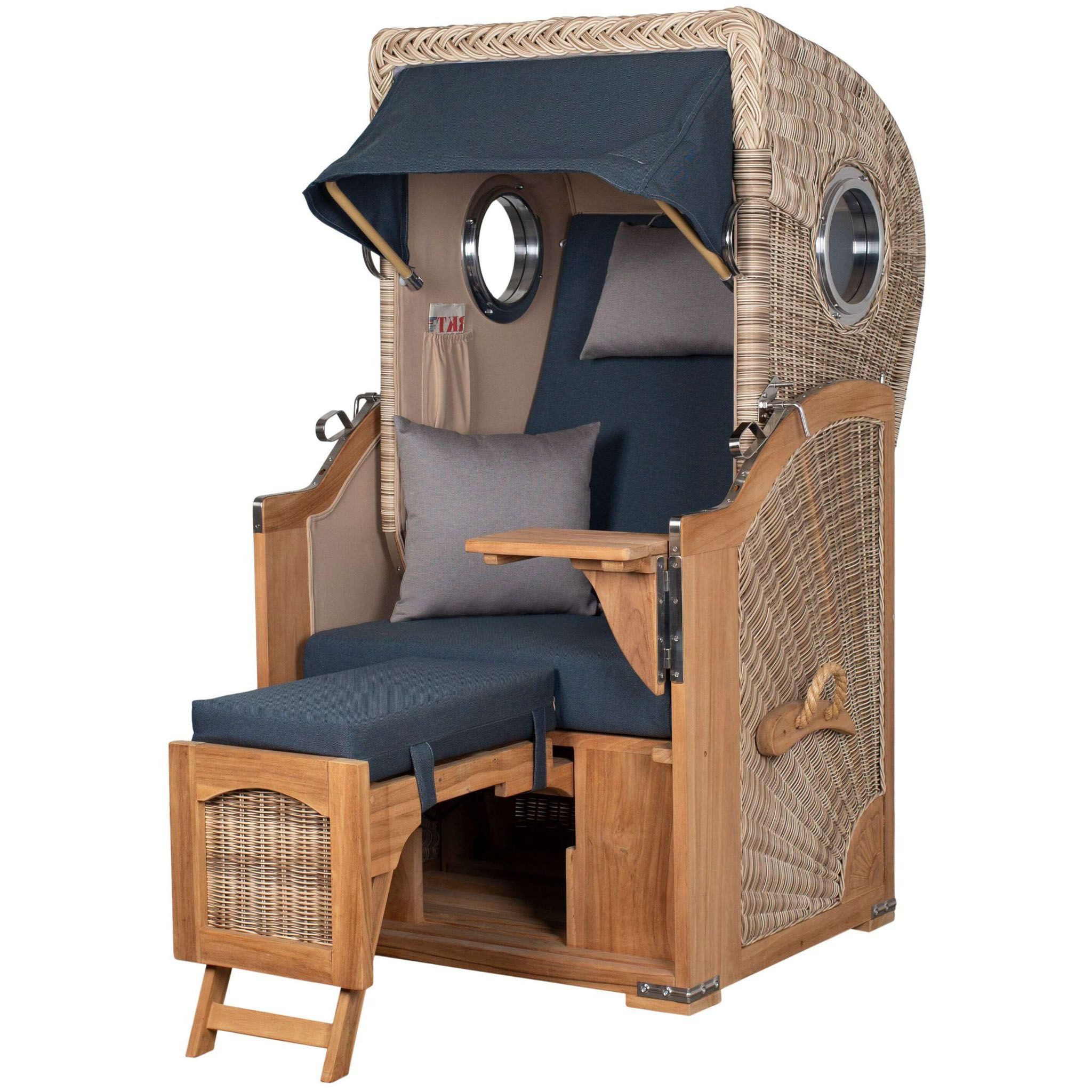 bene living Strandkorb Ammersee 1-Sitzer Teak - PE shell - Modell 593, BxTxH: 96x80x165 cm, Volllieger, Ostsee-Strandkorb, (Strandkorb-Komplettset, 5-tlg., Strandkorb inkl. Liftersystem und umfangreichem Zubehör), mit Windschutzfolie, Bistrotisch und bequemer Polsterung