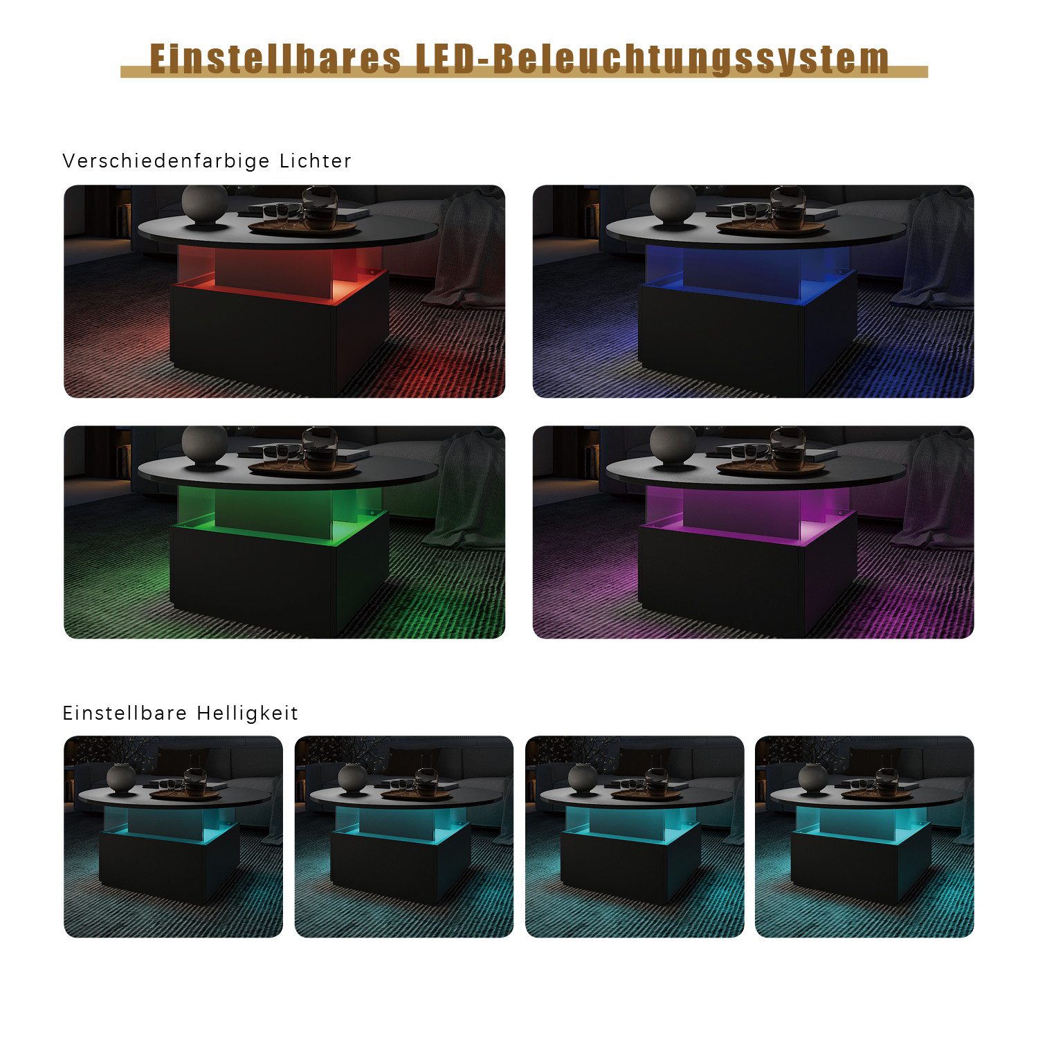 radelldar Couchtisch mit LED-Beleuchtung und 2 Schubladen, Wohnzimmertisch 80x40cm (1-St), Beistelltisch mit runder Platte und extra Ausstellungsfläche