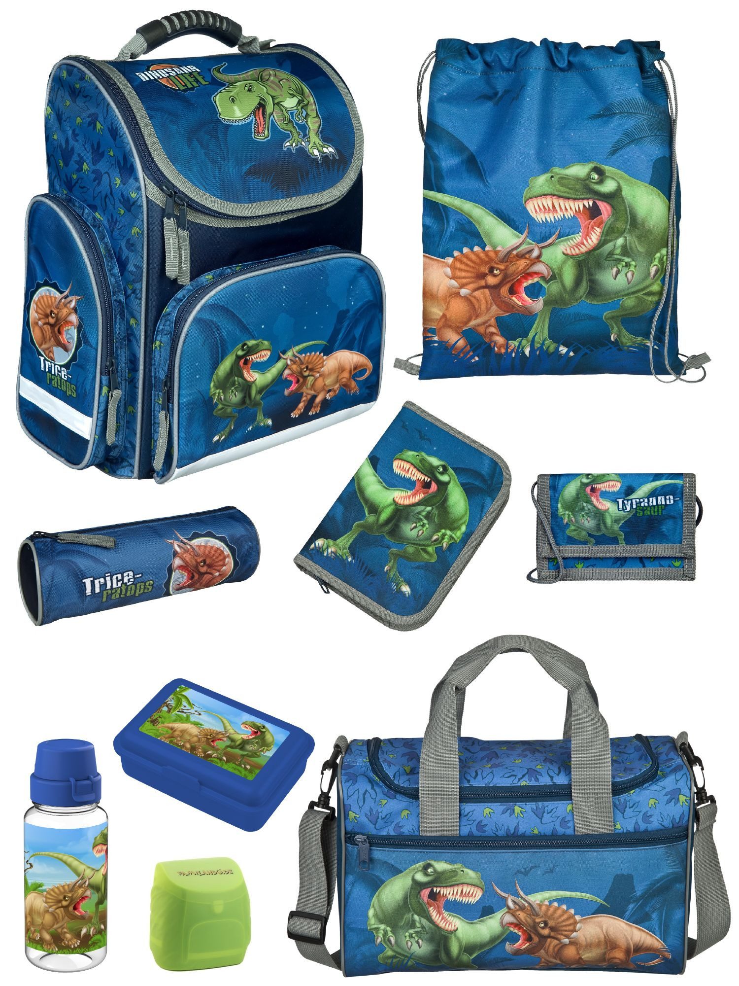Familando Schulranzen CLOU Schultasche 1.-4. Klasse ergonomisch, leicht, Volumen 15 Liter (Erweitertes Set, 9-tlg., mit Lunch-Set und Sporttasche), Dino T-Rex Dinosaurier Motiv