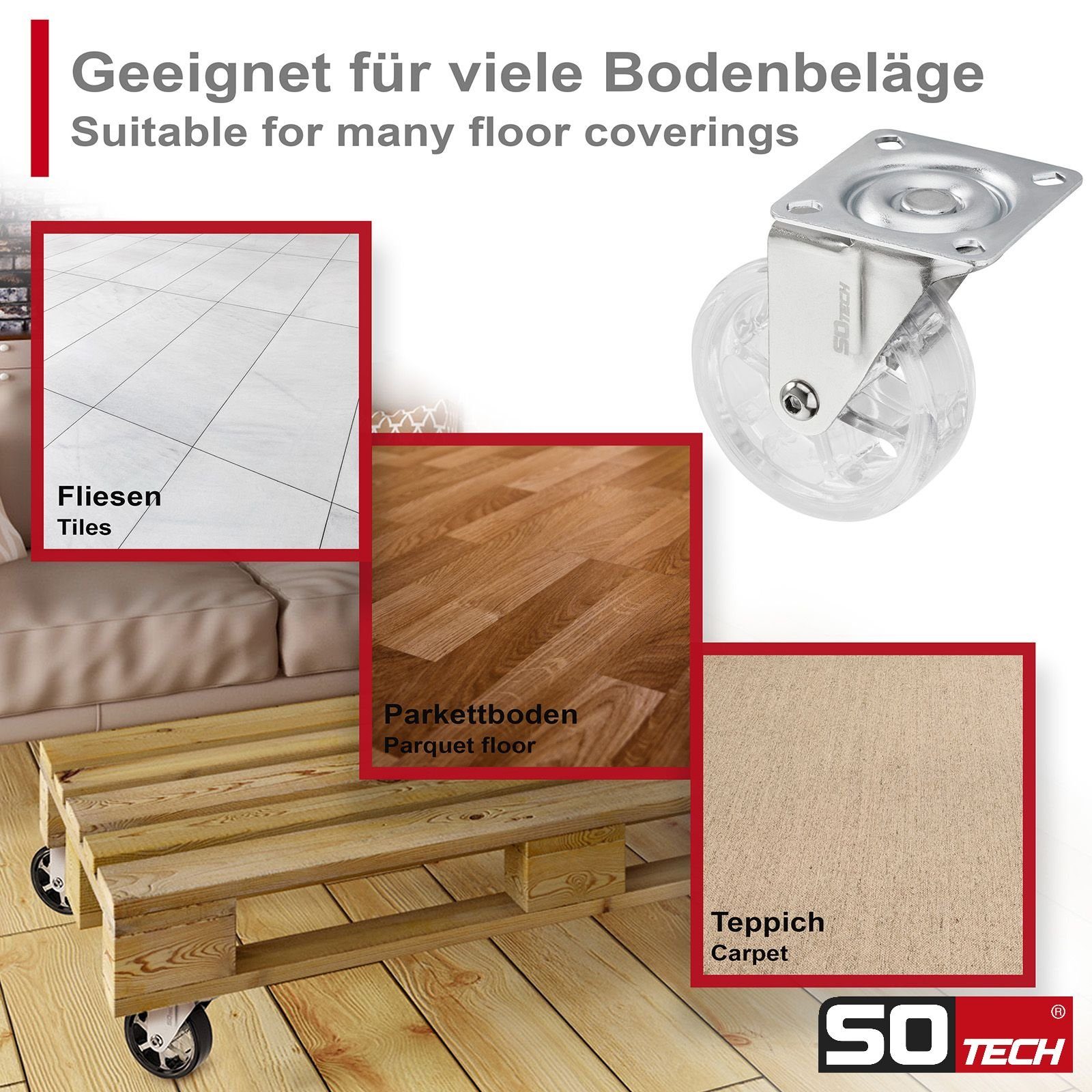 SO-TECH® Möbelrolle RAPID Design Lenkrolle, (1-St), Ø 75 mm transparent ohne Bremse (Feststeller)