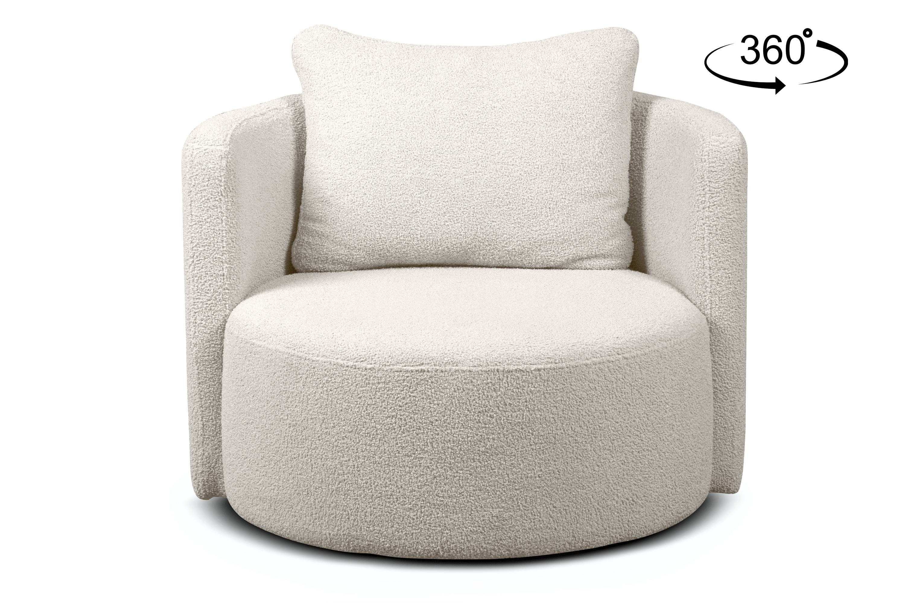 Konsimo Drehsessel Loungesessel RAGGI, inklusive Drehfunktion, dekorativem mit Kissen Bouclé-Stoff, 360°