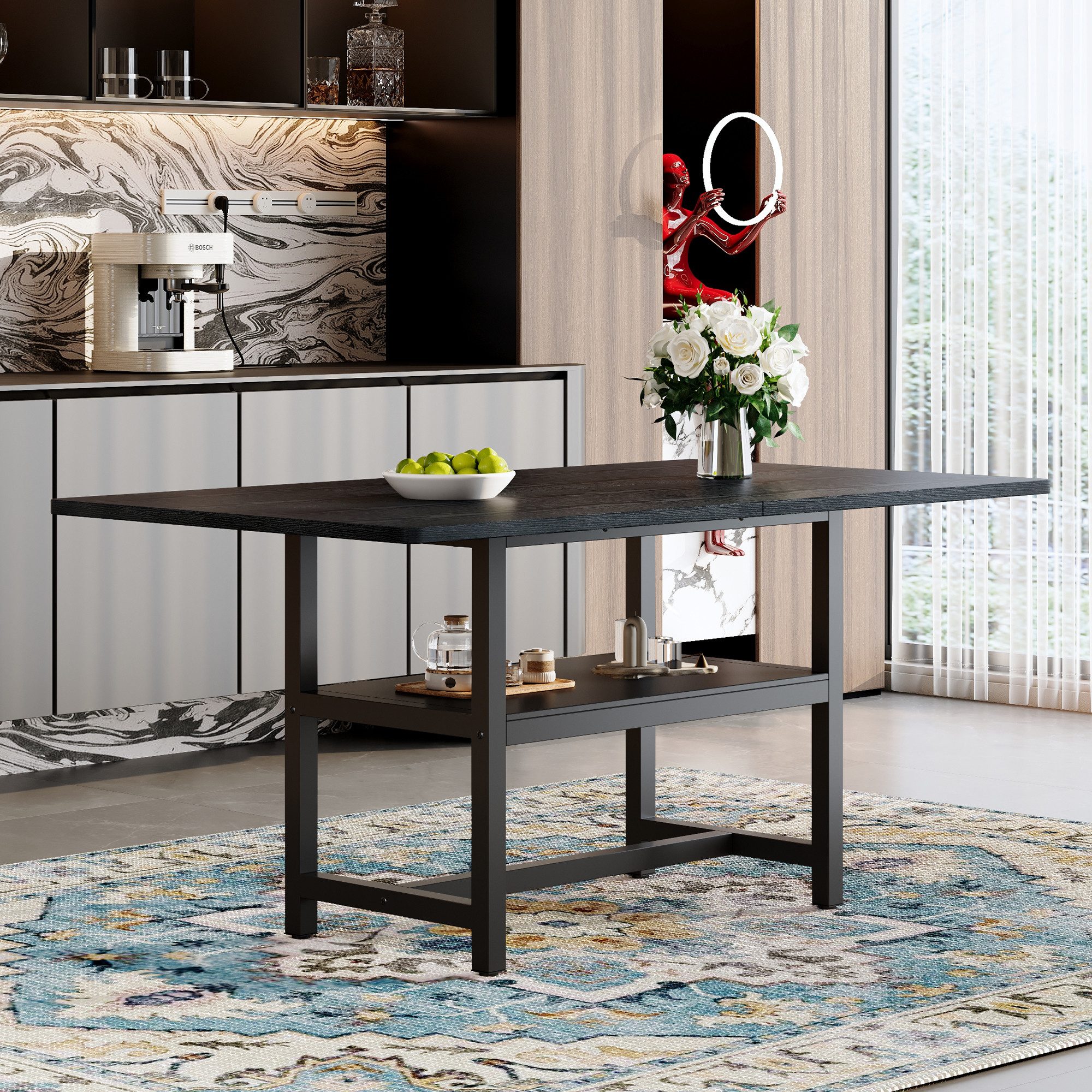 Fine Life Pro Esstisch Rechteckiger Esstisch Industrial, 160x90x76 cm, für 4-6 Pers., schwarz, Mit Ablageregal, für Wohnzimmer und Küche