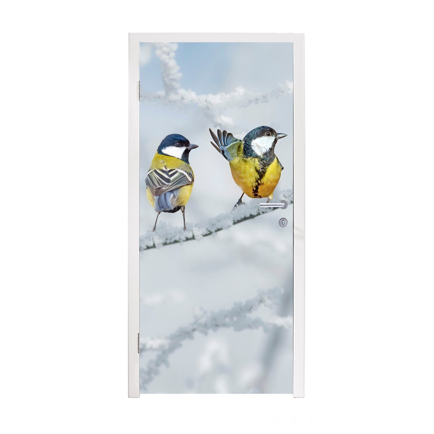 MuchoWow Türtapete Vogel - Kohlmeise - Winter - Schnee - Zweige, Matt, bedruckt, (1 St), Fototapete für Tür, Türaufkleber, 75x205 cm