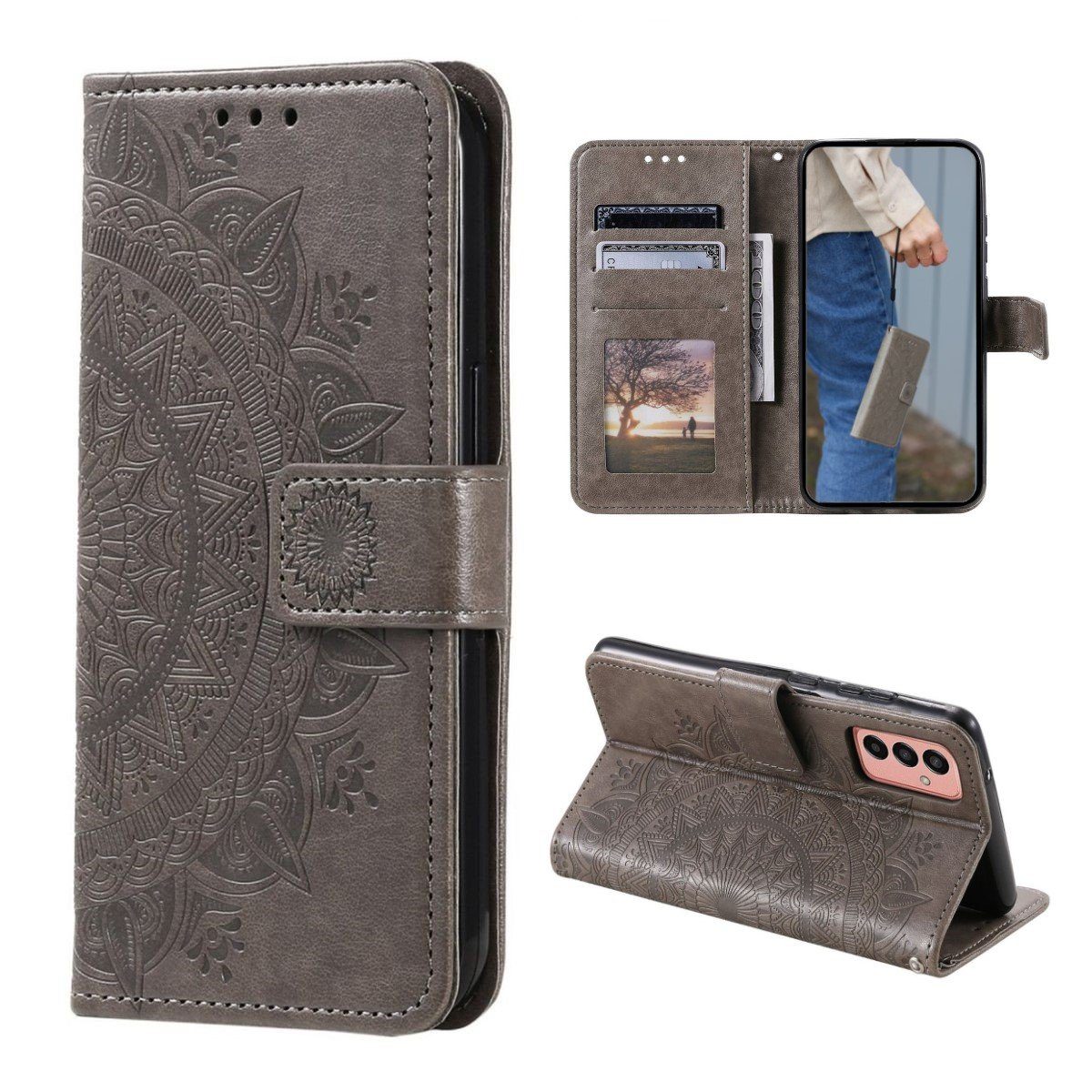 CoverKingz Handyhülle Hülle für Samsung Galaxy A14 4G/5G Handyhülle Flip Case Cover Etui 16,72cm (6,6 Zoll), Klapphülle Schutzhülle mit Kartenfach Schutztasche Motiv Mandala