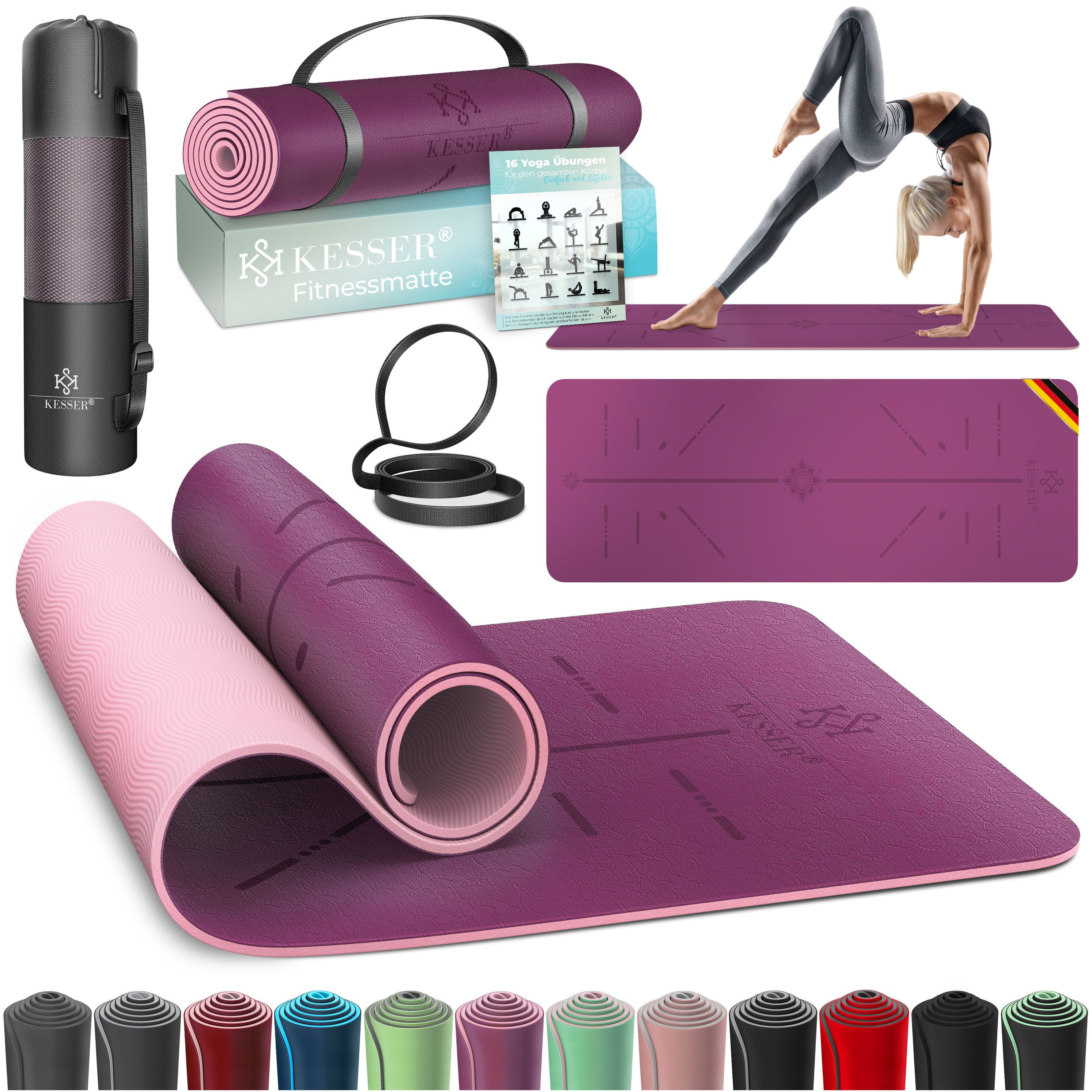 KESSER Yogamatte, Gymnastikmatte + Tragegurt rutschfest TPE Yogamatte gepolstert