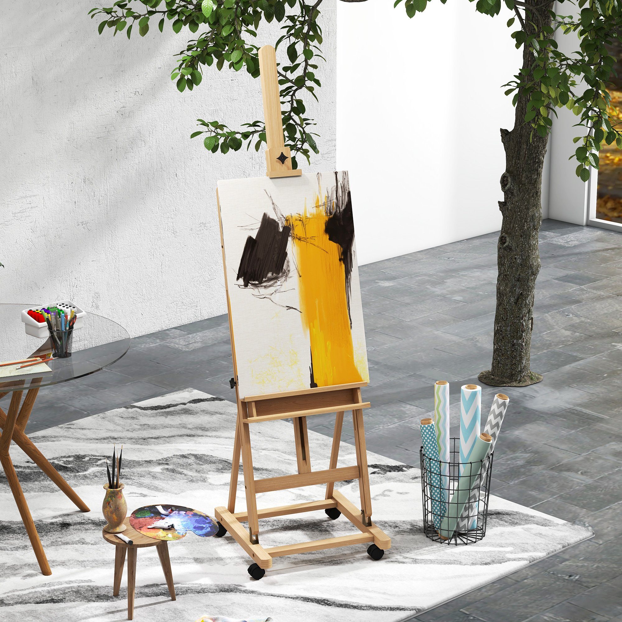 Vinsetto Staffelei Höhenverstellbarer Leinwand Ständer mit Halterung für Kunstmalerei, Naturholz 50,5 x 53 x 178-238 cm