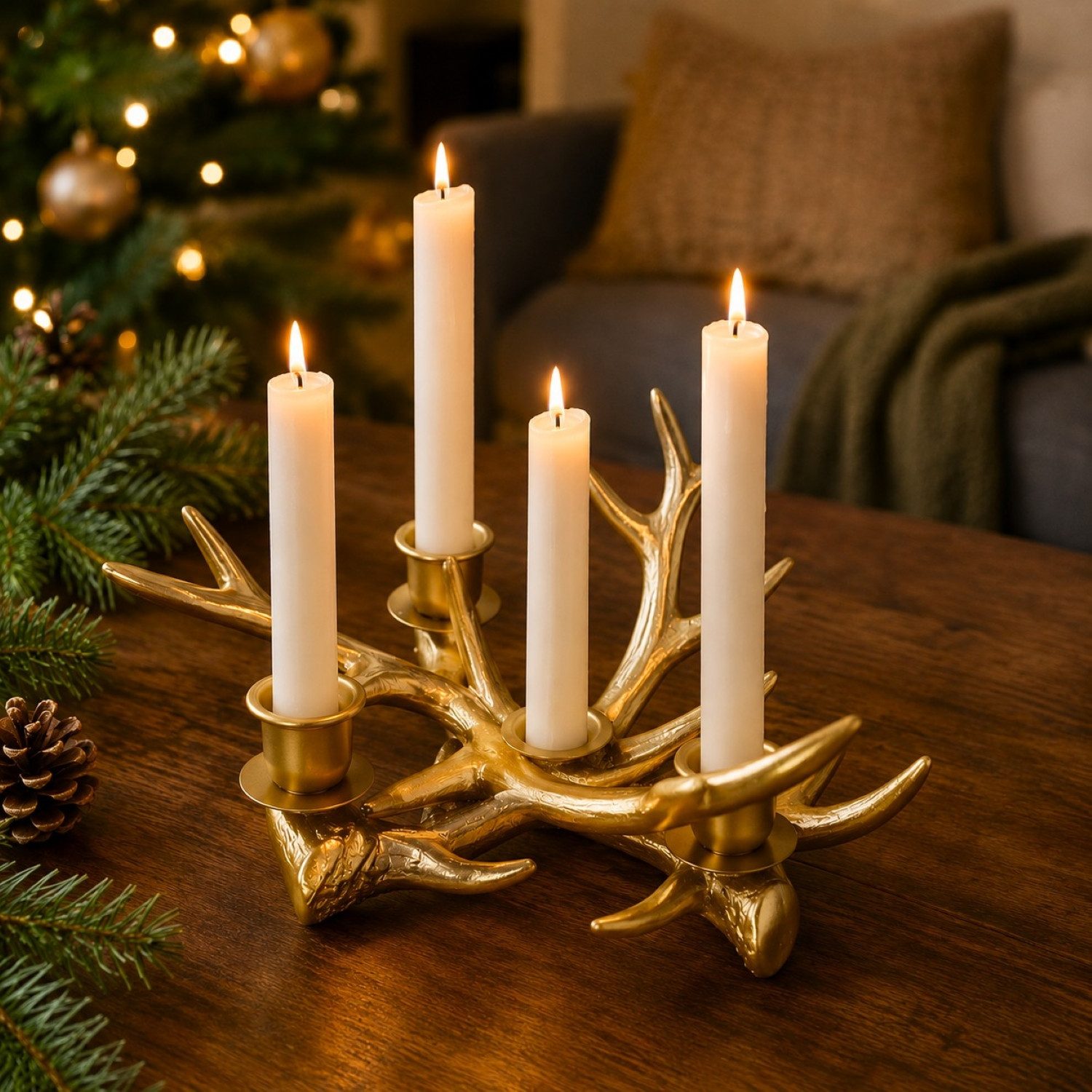 Online-Fuchs Kerzenständer Hirschgeweih für 4 Stabkerzen - Stabkerzenhalter, Adventskranz (Weiß oder Gold, aus Kunstharz (Polyresin), Dekoration im Herbst, Winter und zu Weihnachten