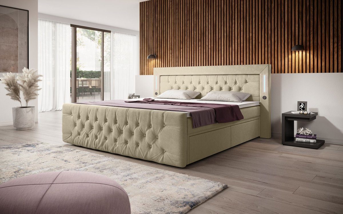 Luxusbetten24 Boxspringbett Charme, mit LED-Beleuchtung, USB-Anschluss und Stauraum