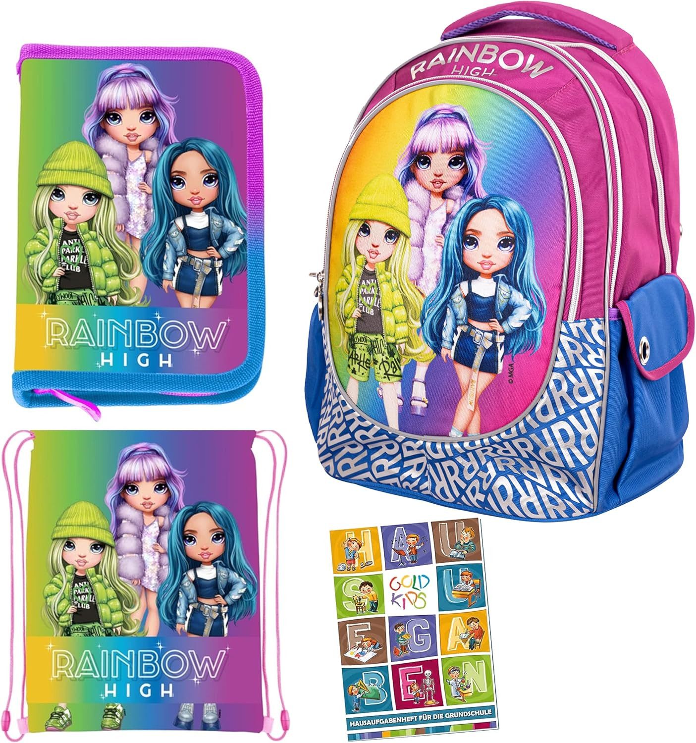 GOLDKIDS Schulranzen 4er Set Ranzen (Federmappe Turnbeutel Aufgabenheft, 1-tlg., Rainbow High Motiv geeignet ab der), ersten Klasse der Grundschule