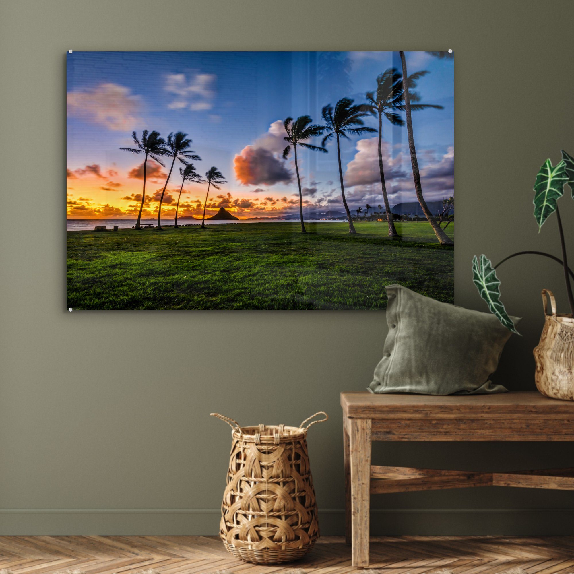 Schlafzimmer Acrylglasbild Wohnzimmer von (1 auf Reihe über Palmen St), & Hawaii, Sonnenuntergang MuchoWow einer Acrylglasbilder