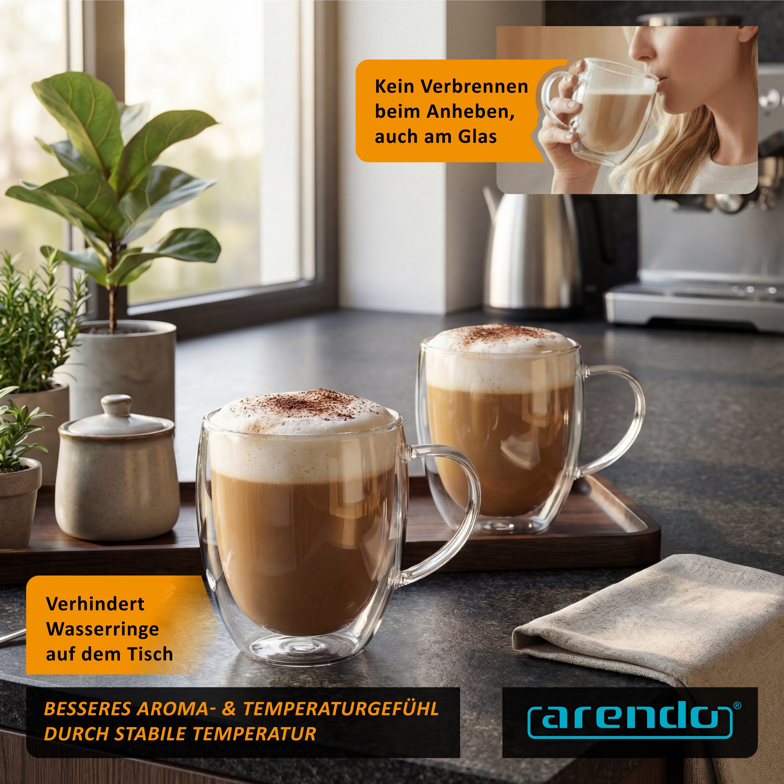 Arendo Gläser-Set doppelwandige Thermogläser, 350 ml Kaffeetasse, Trinkglas ohne Henkel, 12-tlg., Glas, für Latte Macchiato, Cappuccino, Tee, hitzebeständig spü – Bild 3 von 5
