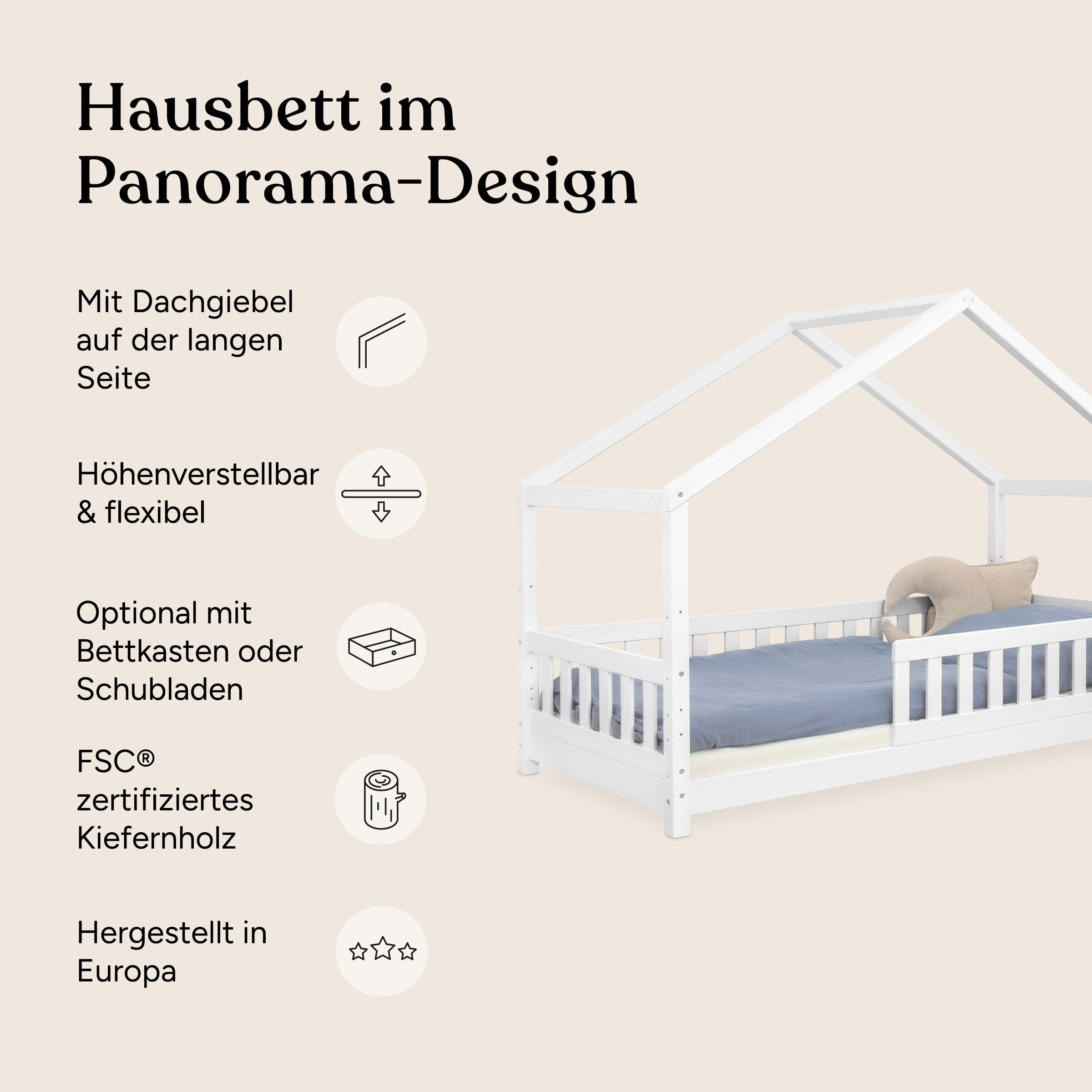 Ehrenkind Hausbett Panorama Hausbett Lille aus massivem Kiefernholz (Doppelschublade, FSC®-zertifiziert), höhenverstellbar