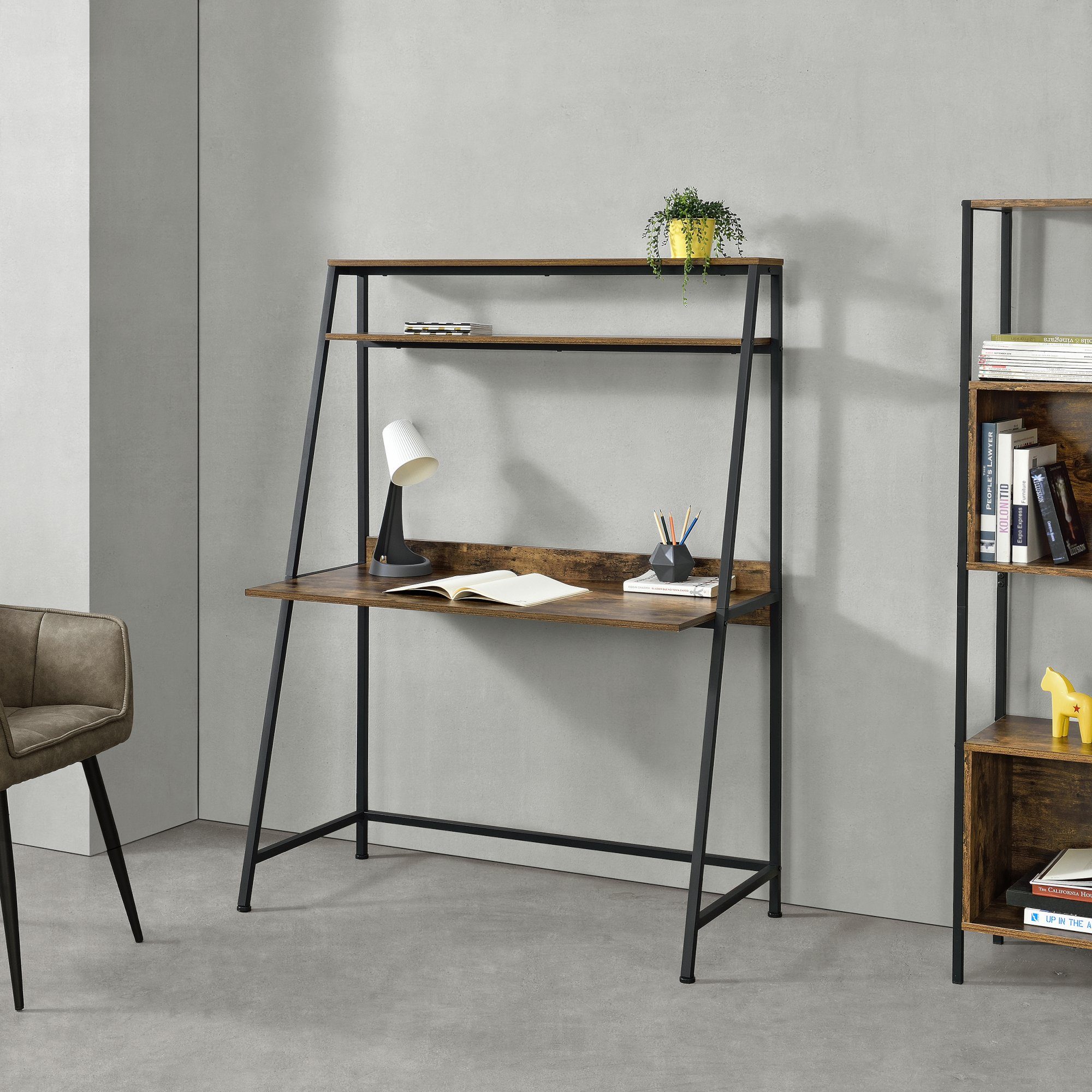 en.casa Regal-Schreibtisch, Alvdal Bürotisch mit Regal 143x105x50,5cm Schwarz/Dunkler Holzton