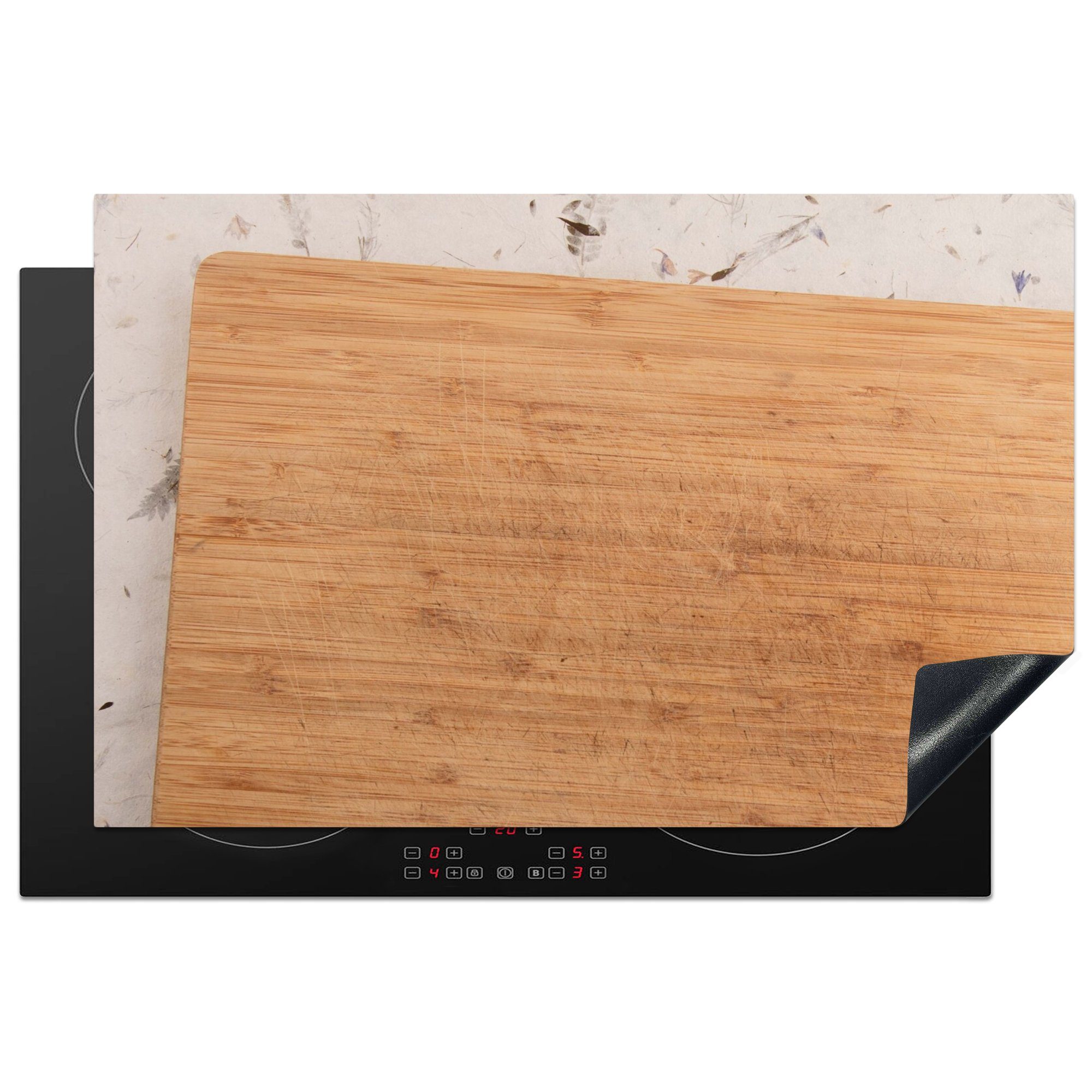 MuchoWow Herdblende-/Abdeckplatte Schneidebrett für aus 81x52 Holz Induktionskochfeld einem Ceranfeldabdeckung dekorativen küche, Vinyl, auf (1 Sockel, cm, Schutz tlg), die