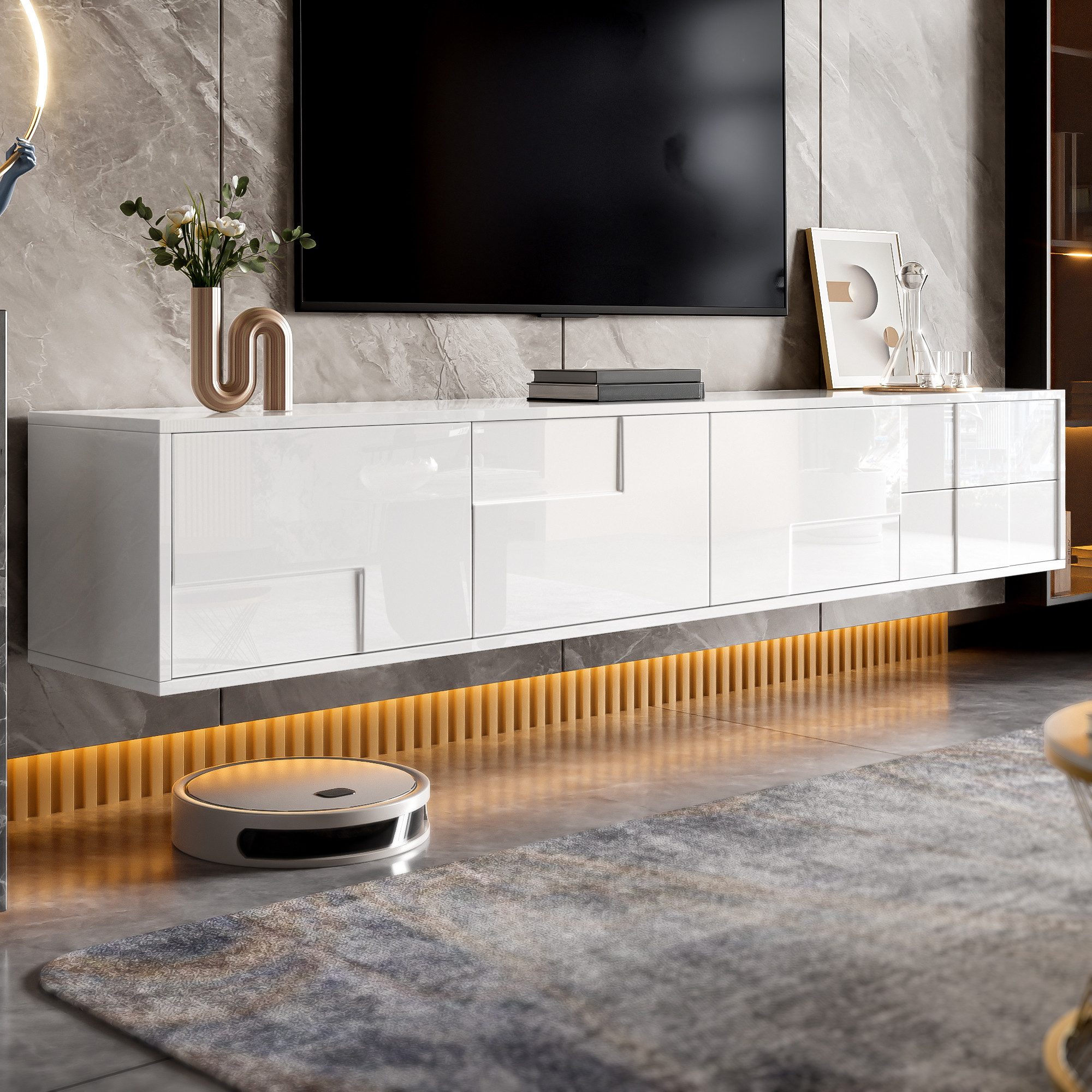 REDOM TV-Schrank TV-Lowboard 170x30x30,5 cm in Weiß, grifflos mit Hochglanz günstig online kaufen