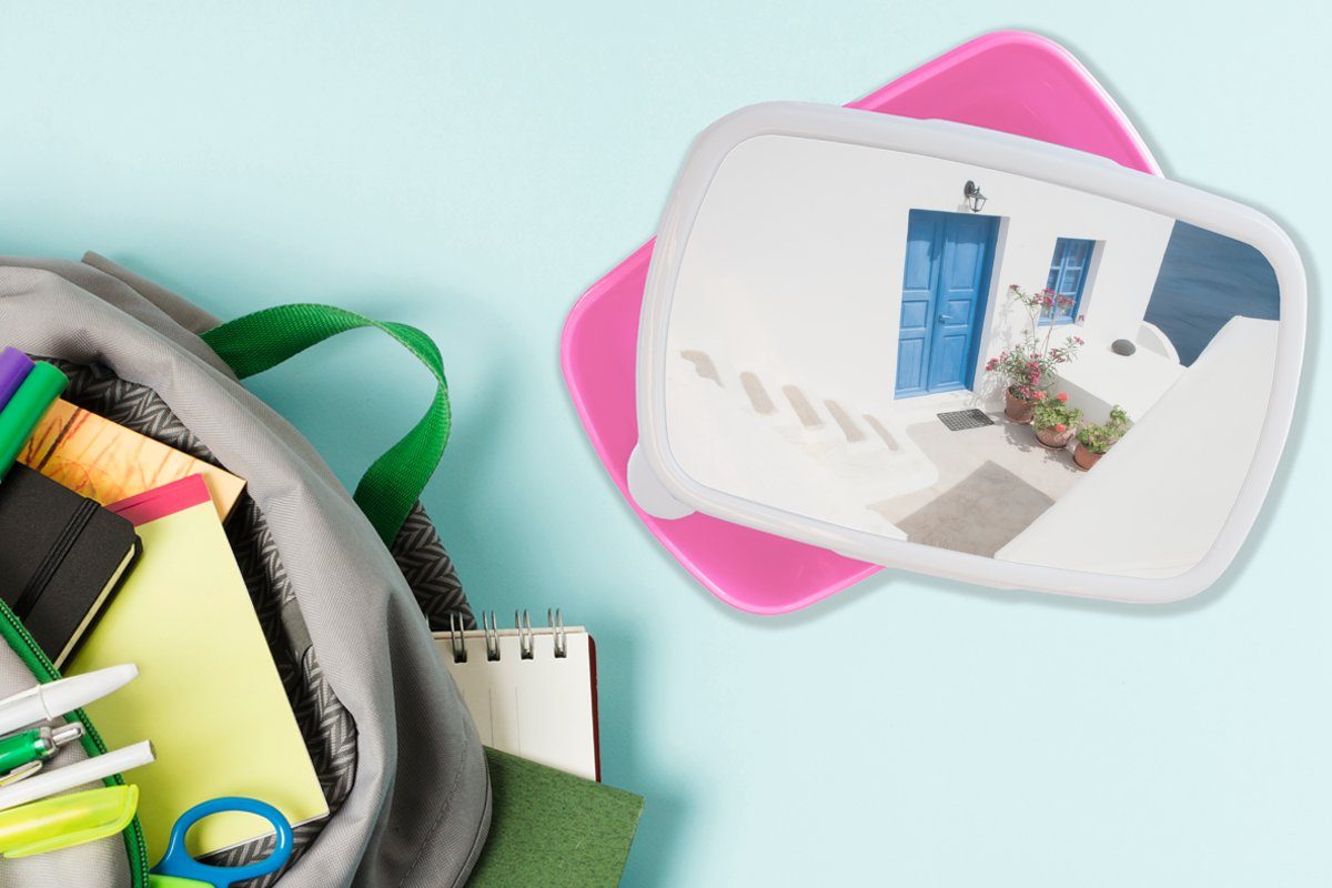 MuchoWow Lunchbox Architektur - Brotbox für Blau Tür, - Weiß Brotdose Kunststoff, Kunststoff Kinder, Erwachsene, (2-tlg), Snackbox, Mädchen, rosa 
