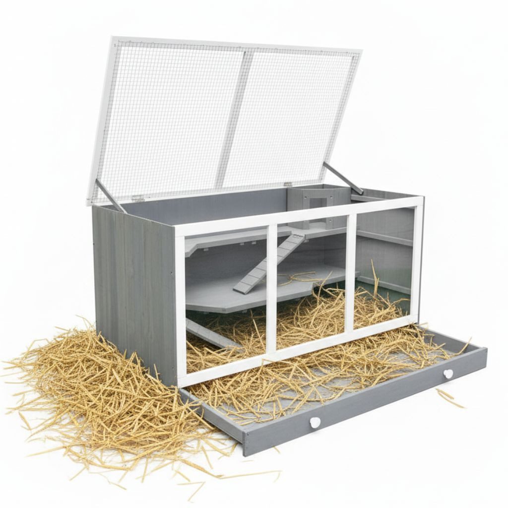 Melko Kleintierkäfig Nagerkäfig mit 3 Stockwerken und Häuschen – Kleintierstall aus Holz, Aufklappbaren Deckel, herausnehmbarer Schublade, Plexiglasfront