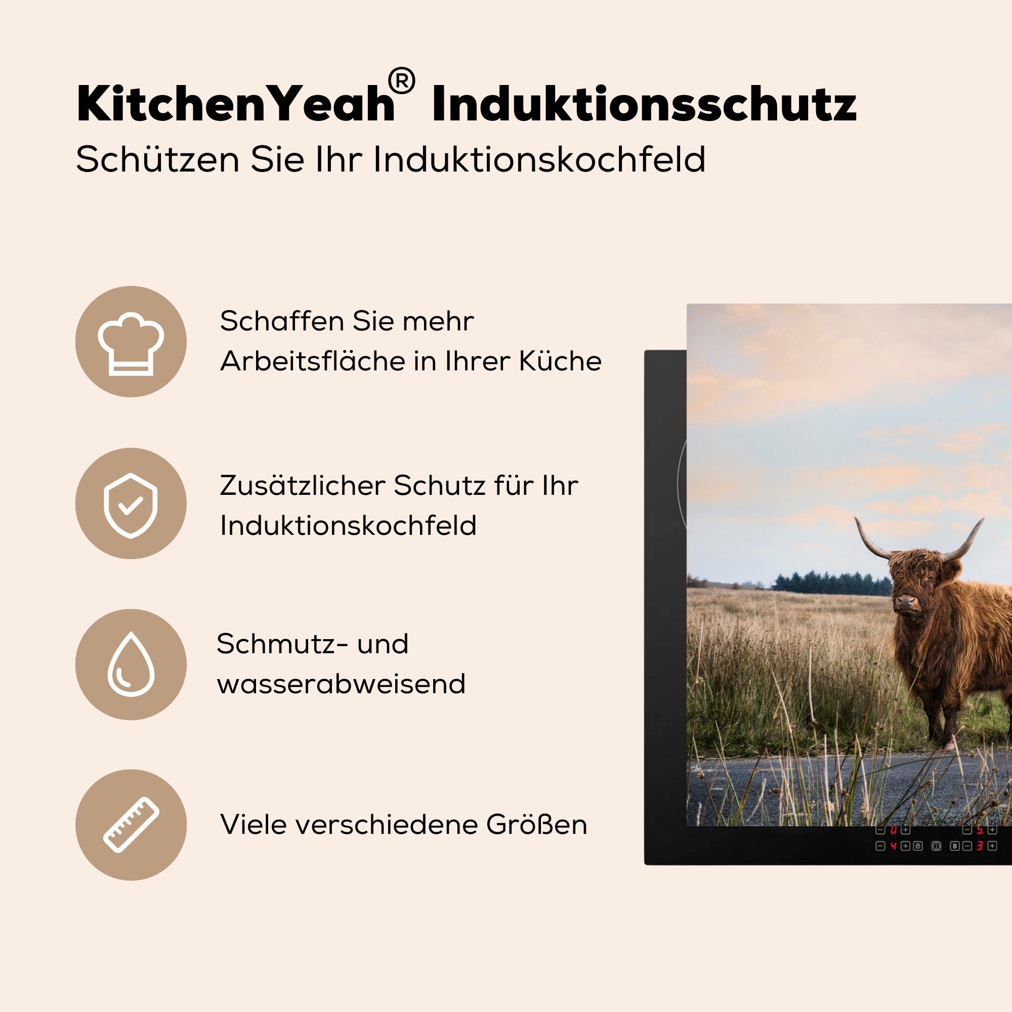 MuchoWow Herdblende-/Abdeckplatte Schottischer Highlander - die küche, tlg), Vinyl, 81x52 Herbst, - Ceranfeldabdeckung Kuh für Induktionskochfeld (1 cm, Schutz