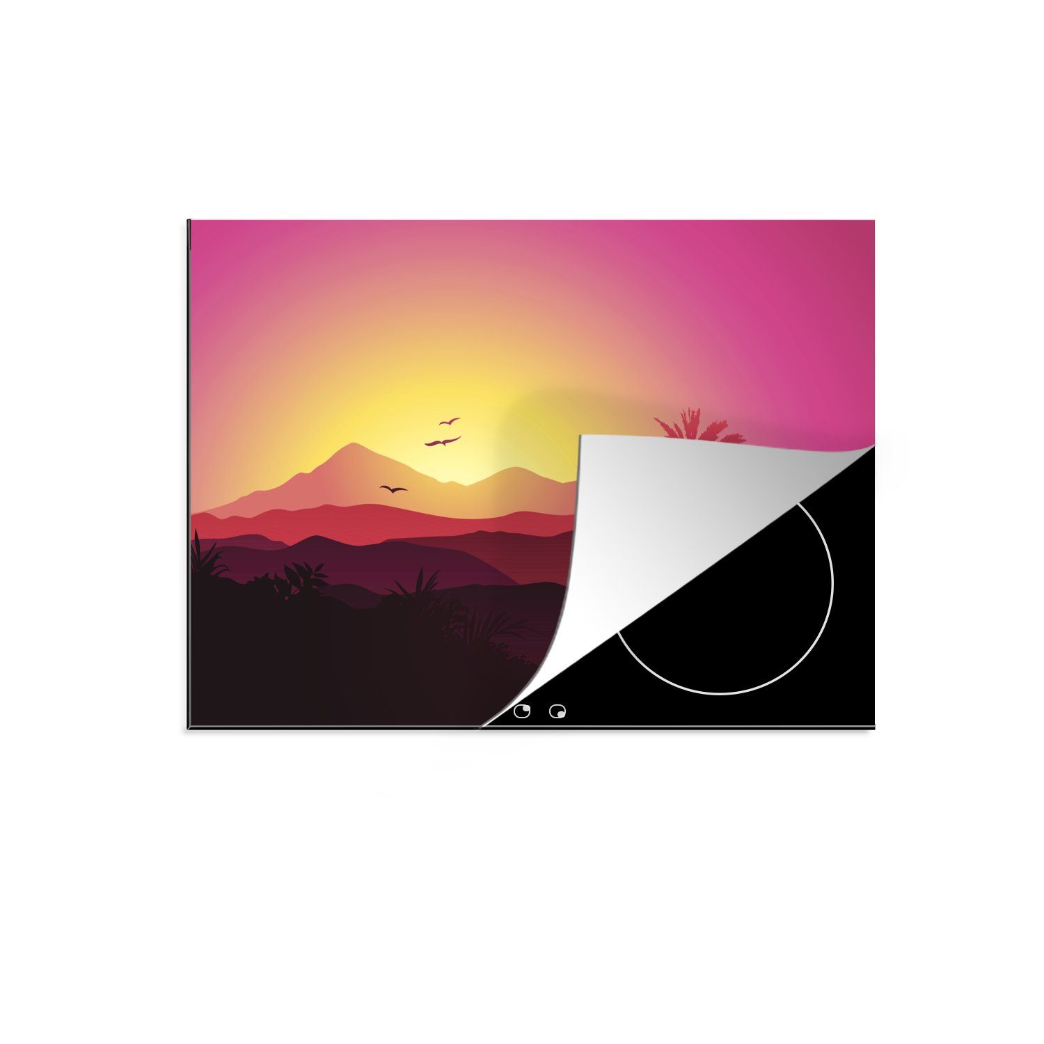 MuchoWow Herdblende-/Abdeckplatte Eine Illustration eines rosa Himmels über den Bergen, Vinyl, (1 tlg), 70x52 cm, Mobile Arbeitsfläche nutzbar, Ceranfeldabdeckung | Herdabdeckplatten