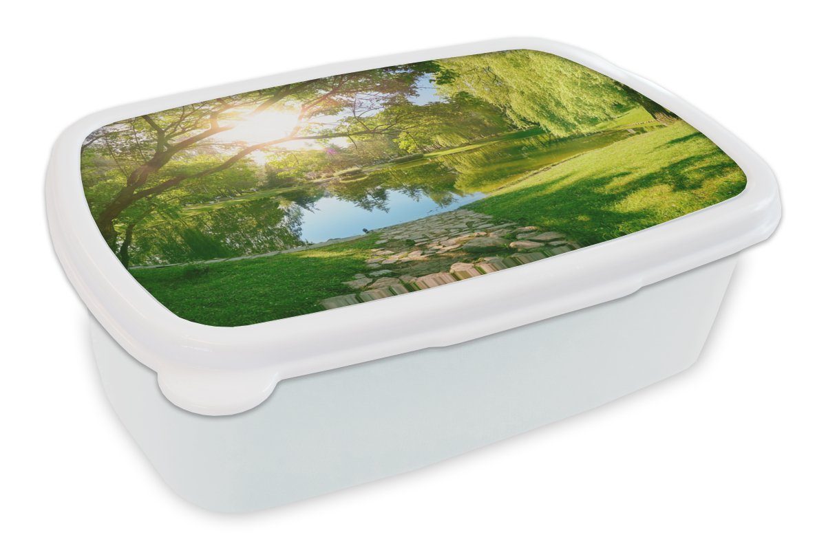 MuchoWow Lunchbox Bäume - See - Sonne - Gras - Natur, Kunststoff, (2-tlg), Brotbox für Kinder und Erwachsene, Brotdose, für Jungs und Mädchen weiß