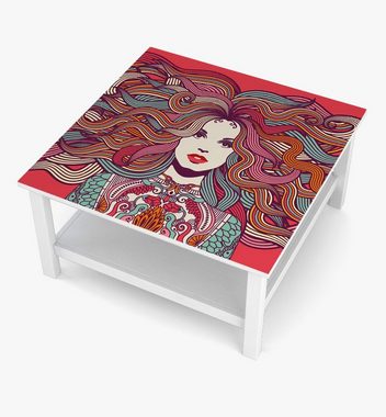 MyMaxxi Möbelfolie MyMaxxi - selbstklebende Tischfolie bunt tätowierte Frau mit langen Haaren Grafik rot kompatibel mit Ikea Lacktisch Zeichnung Farbenfroh Kunstwerk Möbelfolie Aufkleber - blasenfrei zu verkleben