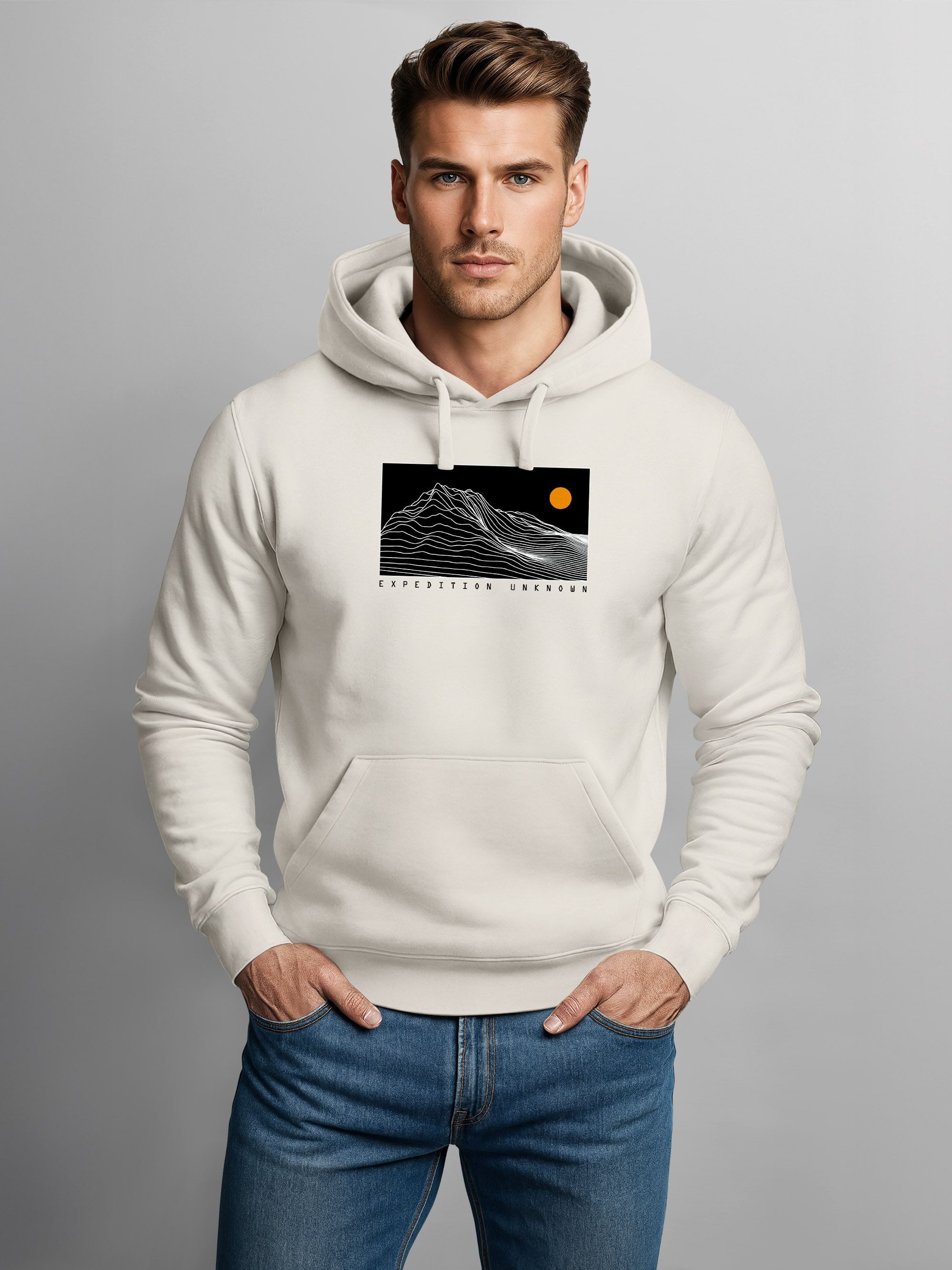 Neverless Hoodie Herren Hoodie Expedition Unknown Kapuzensweatshirt Berglinien Print
