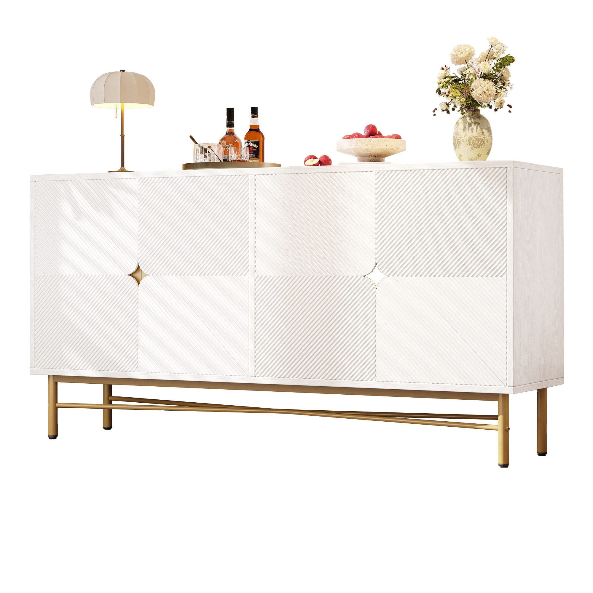 Refined Living Sideboard Kommode mit 4 Türen, Esszimmerschrank, Aufbewahrungsschrank, Anrichte (160×40×82cm, Sideboard mit Erhabener Textur, mit goldene Griffe & Hochglanz-Metallbeine, Sideboard mit Soft-Close, Wohnzimmer Schrank modern, Anrichte Esszimmer, Stauraummöbel, Buffetschrank, 1 St., Großzügiger Stauraum, Stabil & belastbar, Leises Schließen), für Flur,Wohnzimmer, Arbeitszimmer,Wohnung,Schlaf-/Esszimmer,Büro