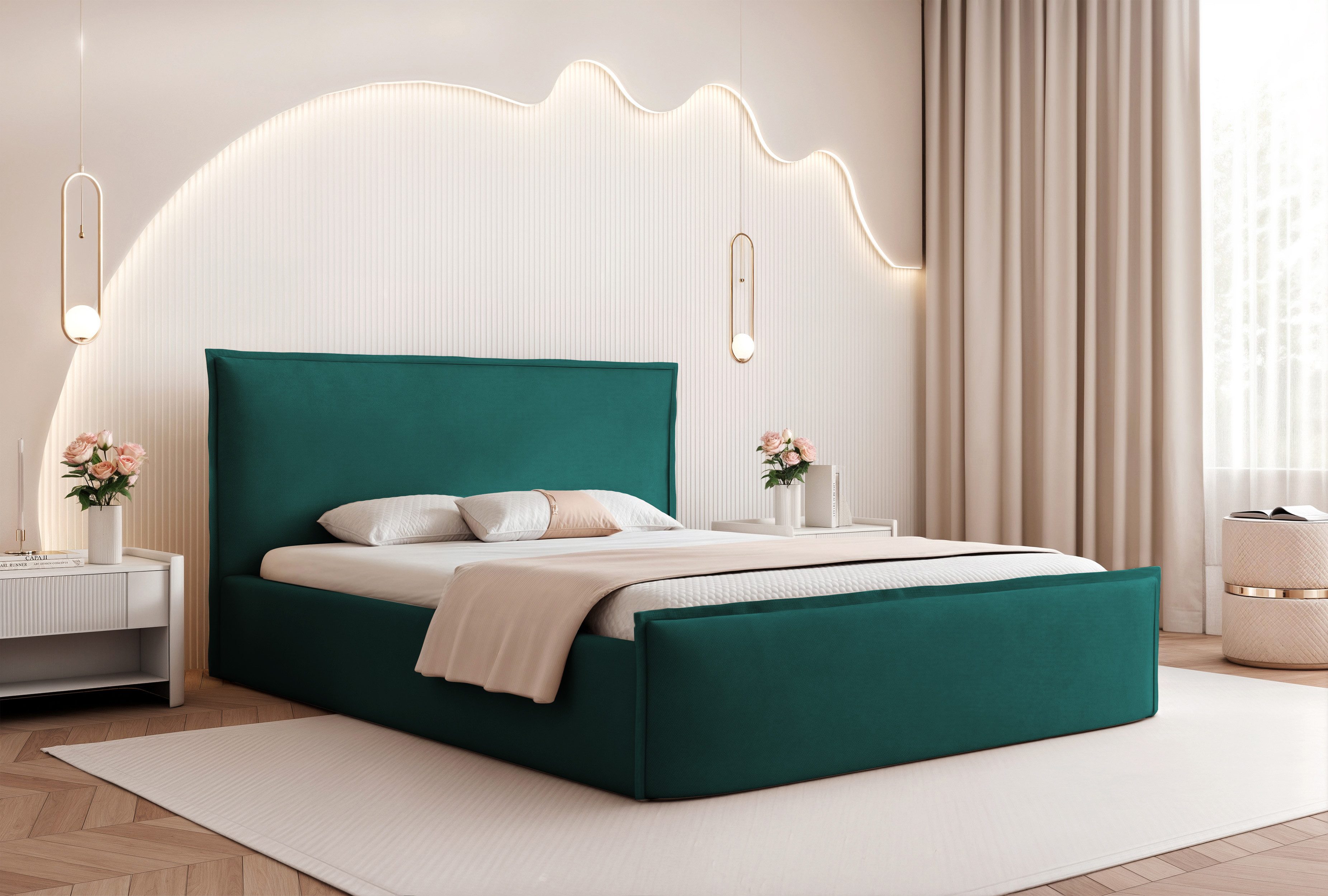 Goldstoff Polsterbett Bettgestell "SERENO" mit großem Stauraum & modernem eleganten Design (120–200x200 cm, Kopfteilhöhe 70/110 cm, Seitenhöhe: 30 cm), Bettgestell mit integriertem Stauraum & hochwertiger Verarbeitung