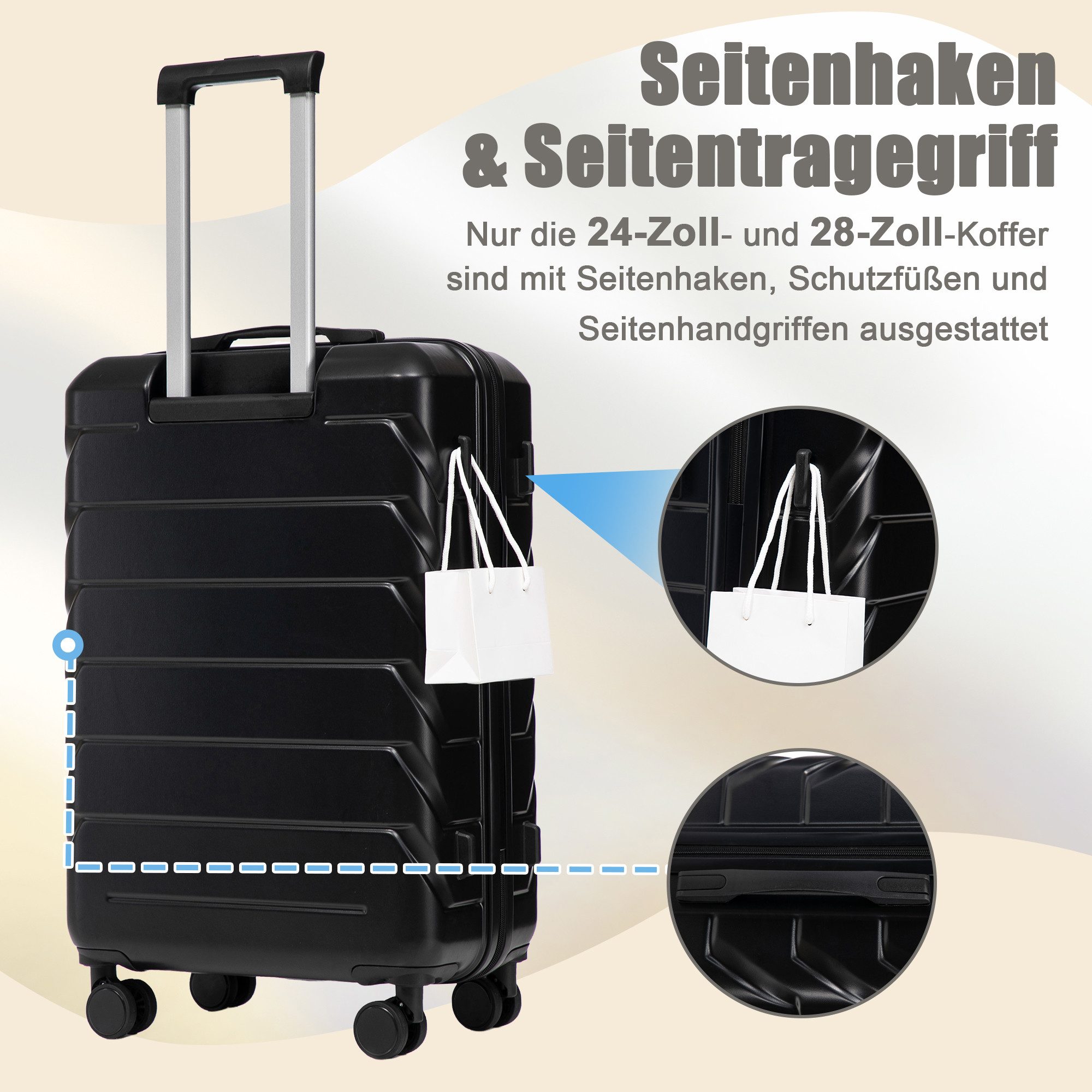 i@home Kofferset 14"/19"/24"/28" 4-teiliger Koffer, 4 Rollen, (4 tlg., 1 Kosmetiktasche, 1 Handgepäck, 2 Aufgabegepäck), zwei Größen mit Seitenhandgriffen, Aufh – Bild 2 von 5