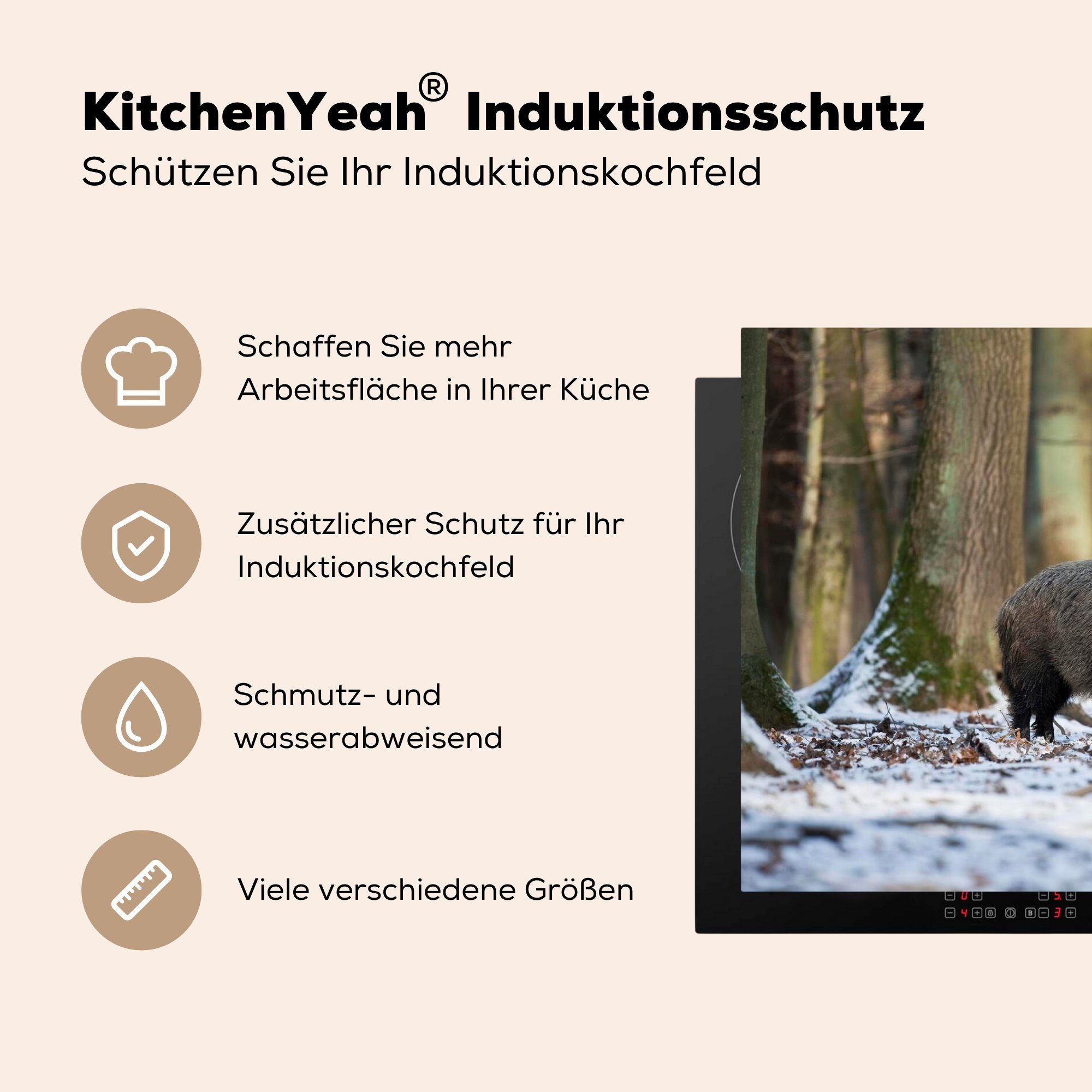 Schutz tlg), - Ceranfeldabdeckung Tier, - die Vinyl, für Induktionskochfeld Wildschwein küche, MuchoWow (1 Schnee 81x52 cm, Herdblende-/Abdeckplatte
