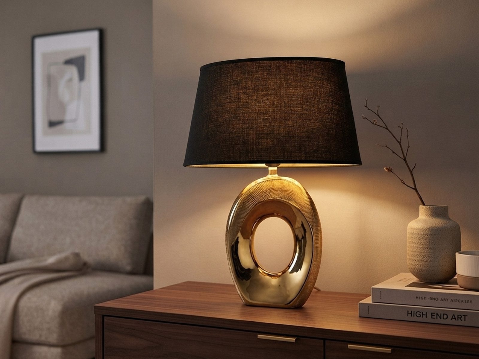 Reality Leuchten LED Tischleuchte mit Keramik Fuß & Stoffschirm, Höhe 33cm, dimmbar, LED wechselbar, Warmweiß, ausgefallene Nacht-Tischlampe mit E14 LED – Bild 5 von 5