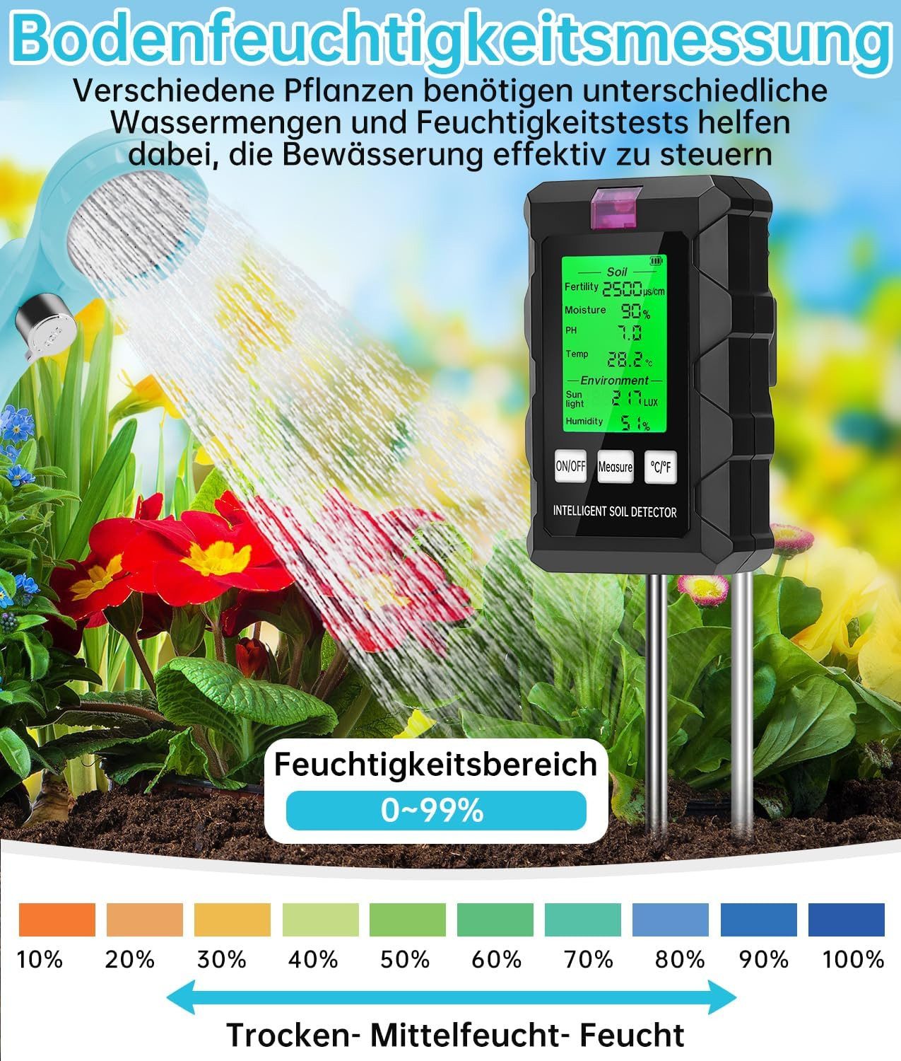 Athlix Feuchtigkeitsmesser 6 in 1 Bodenmessgerät Bodentester Feuchtigkeitsmessgerät Garten, misst pH-Wert, Bodenfeuchtigkeit, Bodentemperatur... – Bild 5 von 5