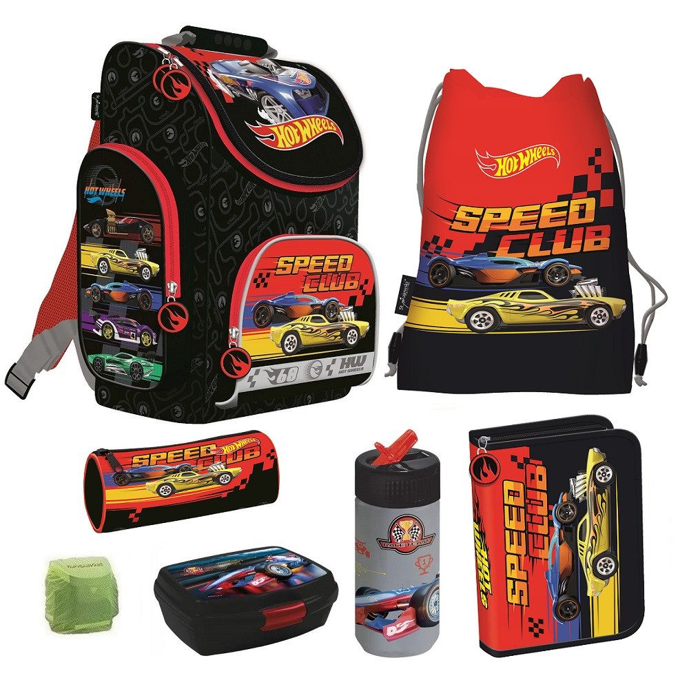 Familando Schulranzen 1. Klasse; ergonomischer Tornister (7-tlg., inkl. Federmappe und Turnbeutel), Hot Wheels Schultasche für Jungen und Mädchen