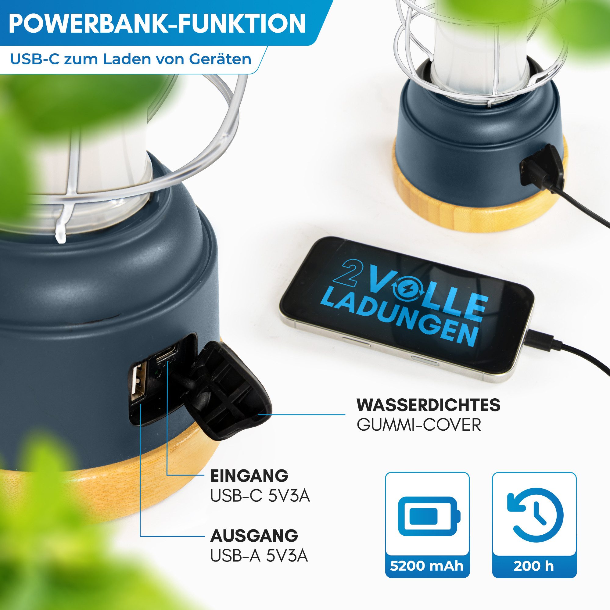 Nordmut Außen-Tischleuchte Campinglampe LED Akku aufladbar, 5200 mAh Powerbank, dimmbar, USB, LED fest integriert, Warmweiß, Tageslichtweiß, 200h Leuchtdauer, I – Bild 4 von 5