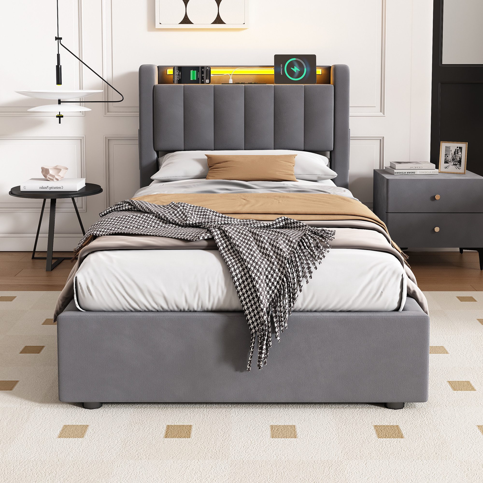 STILVORA Polsterbett 90×200 mit bettkasten,Bettgestelle Boxspringbett mit USB & LED-Licht (Funktionsbett mit Fernbedienung, Gepolsterter Rand, Samtstoff, Metallrahmen, Kompfort, Grau), Jugendbett ohne matratze, Stauraumbett für verschiedene Raumstile