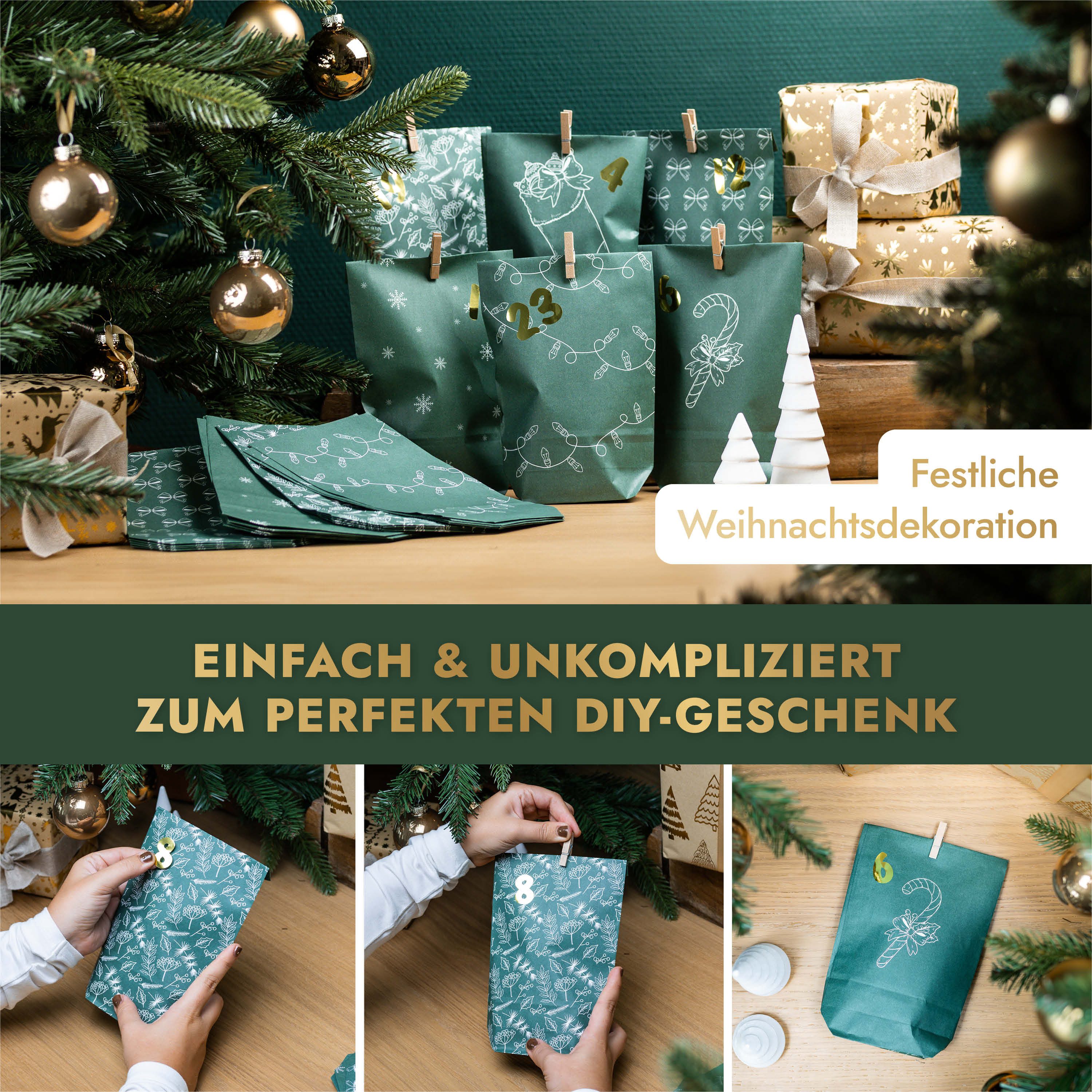 Amari befüllbarer Adventskalender Adventskalender zum Befüllen 2026, 24 Papiertüten 14×22 cm mit Zahlen (DIY Set, 72-tlg), Designs für Kinder & Erwachsene, wied – Bild 5 von 5