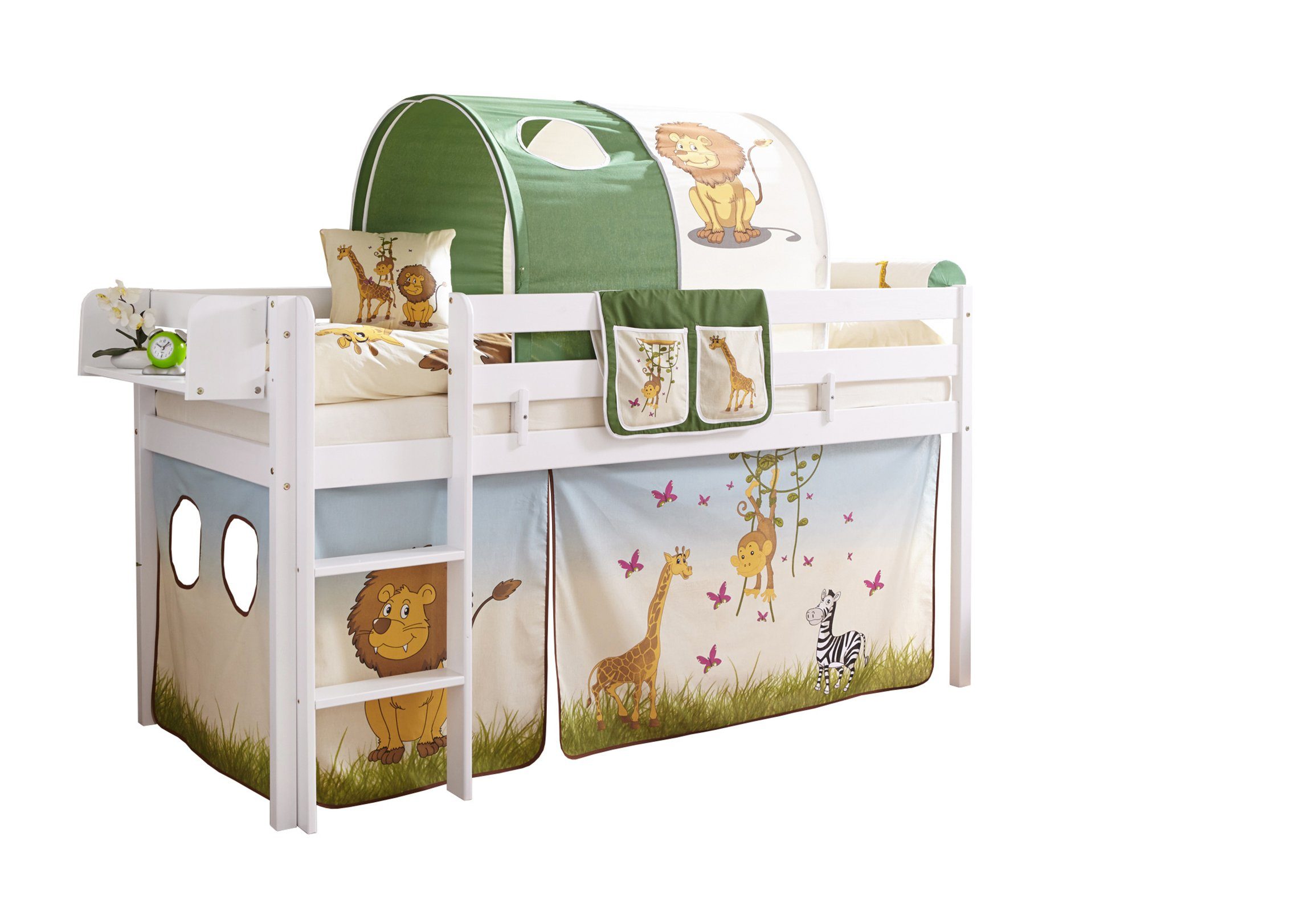 Ticaa Hochbett Hochbett "Malte" Kiefer Weiß Motiv Weiß lackiert (Holzmaserung sichtbar)