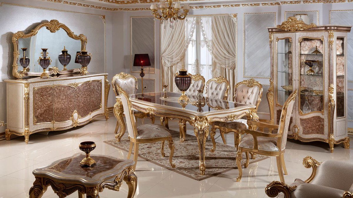 Barock Esszimmerstühle - Gold Casa & Edel Esszimmer-Set Esszimmer Braun Set / Weiß - & Barock - Silber / Barock Möbel Prunkvoll Barock 6 Luxus Esszimmer Padrino 1 / Esstisch