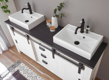 Furn.Design Badezimmer-Set Stove, (Komplett-Set, in Pinie weiß Landhaus), mit Soft-Close, inklusive Beleuchtung und Waschbecken