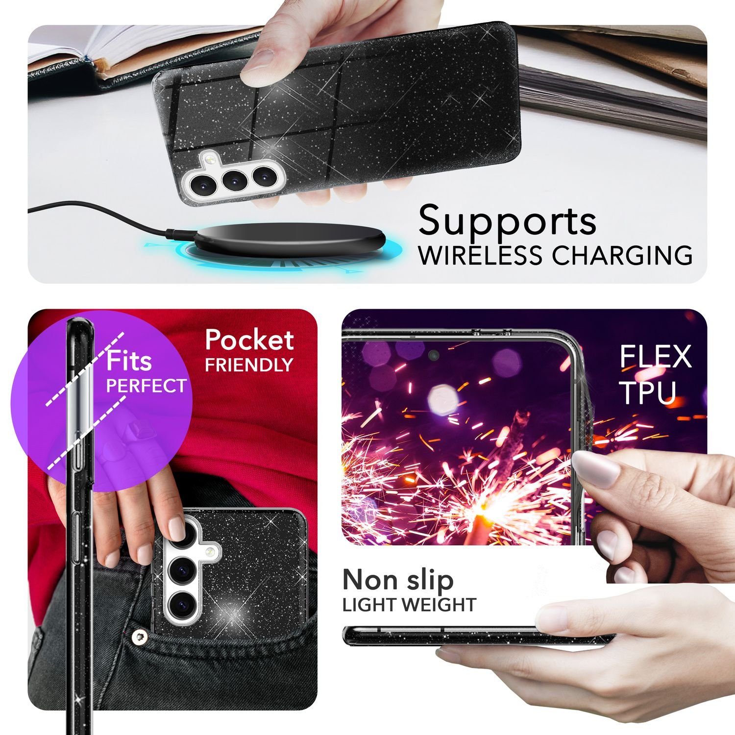 Nalia Smartphone-Hülle Samsung Galaxy S24 Plus, Glitzer Silikon Hülle / Glänzender Hybrid Schutz / Stoßfest & Robust