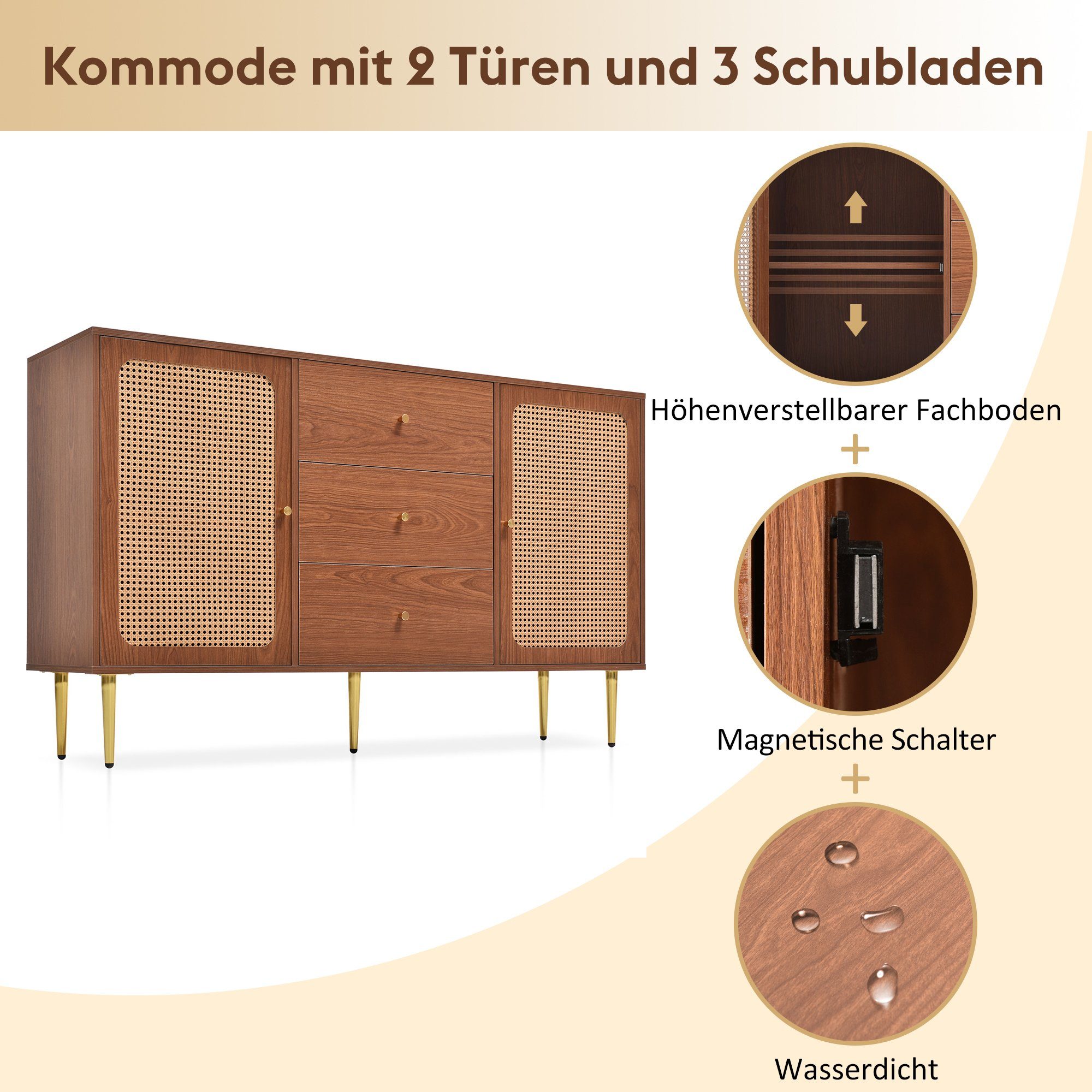 Kommode (Schubladenkommode), Sideboard mit 2 Türen und 3 Schubladen, Rattan, 150x40x90cm